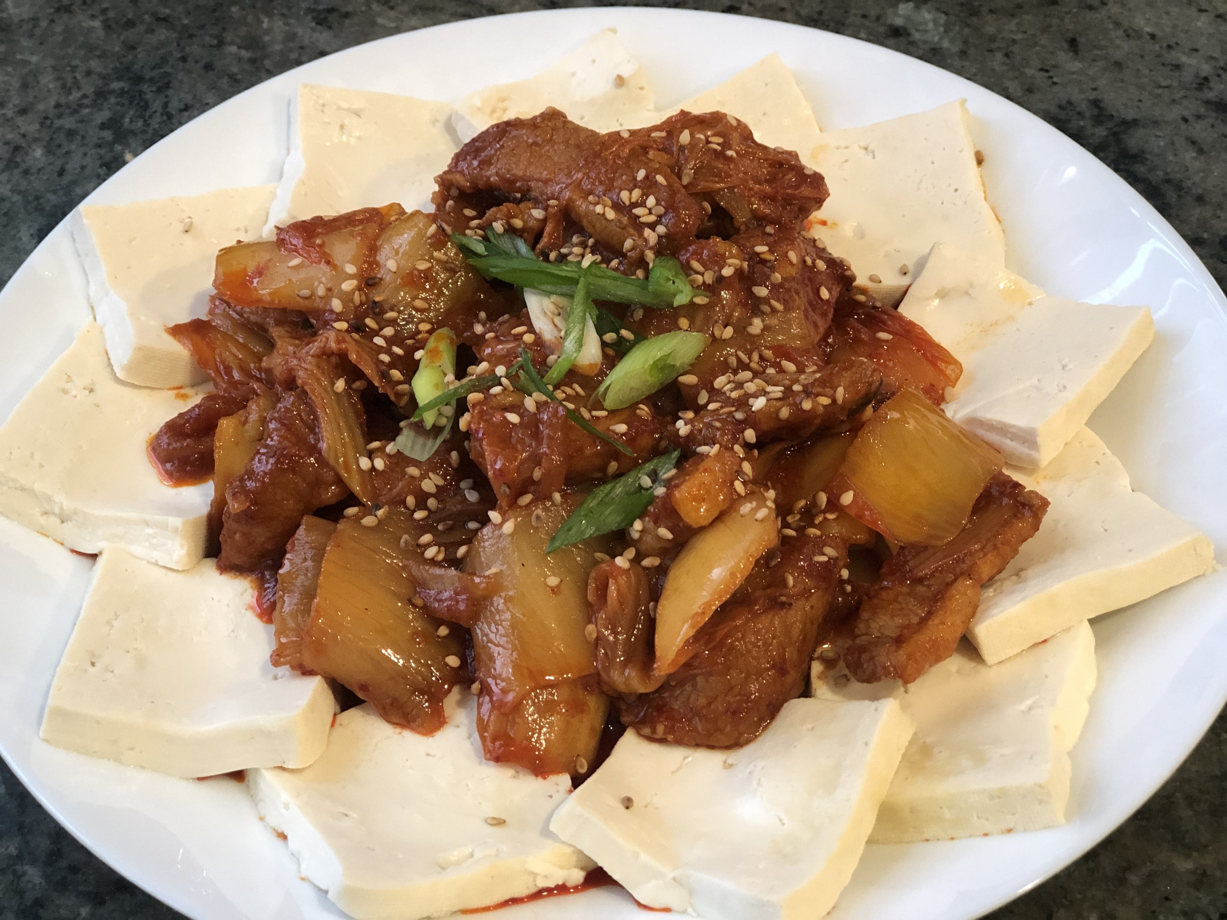 Tofu with Stir Fried Pork Belly &amp; Kimchi