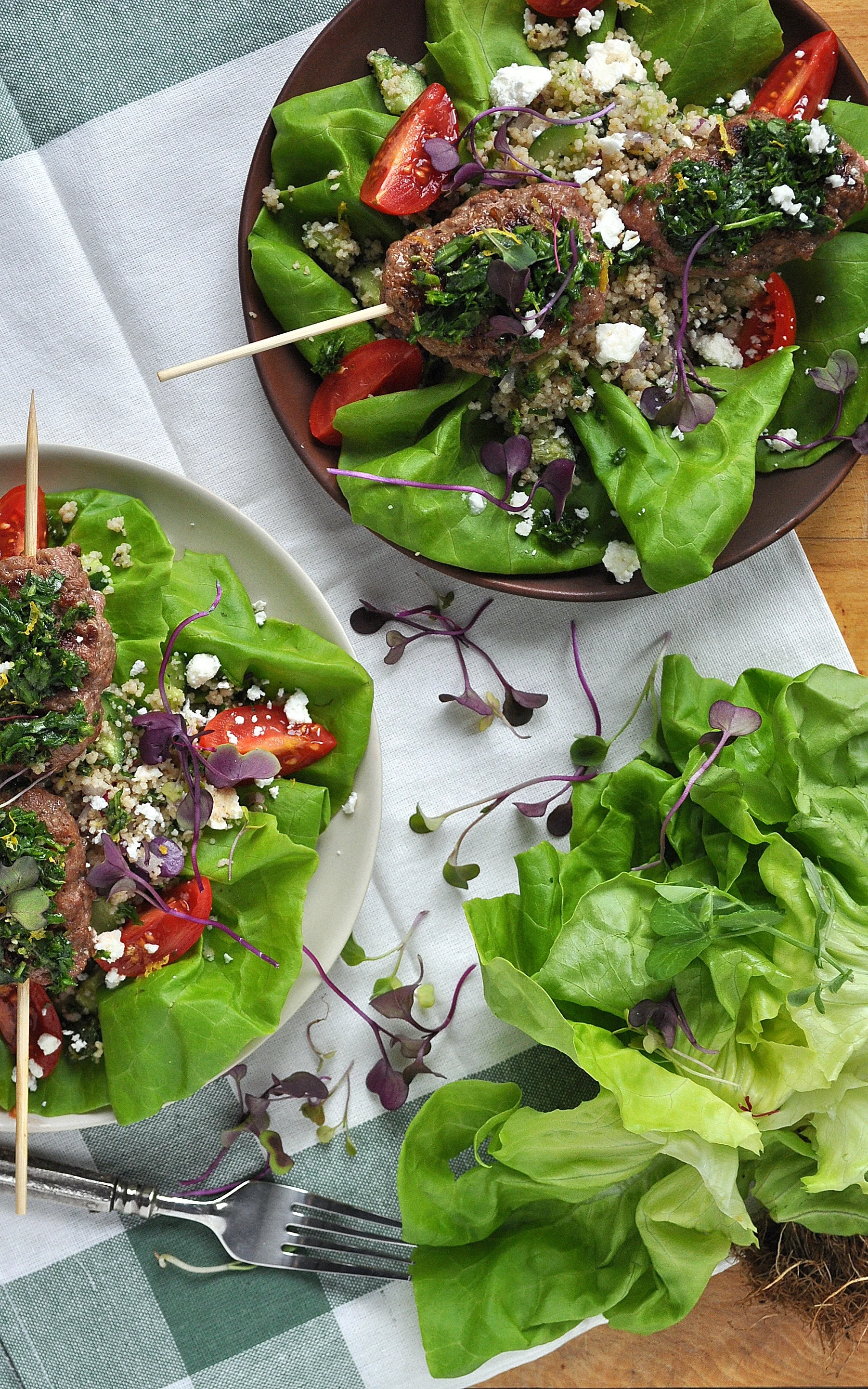 On Board in 20: Butter Lettuce Lamb Kofta with Arugula Gremolata