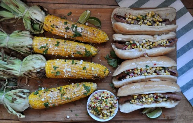 Turkey dogs Corn Relish and Mexican Street Corn