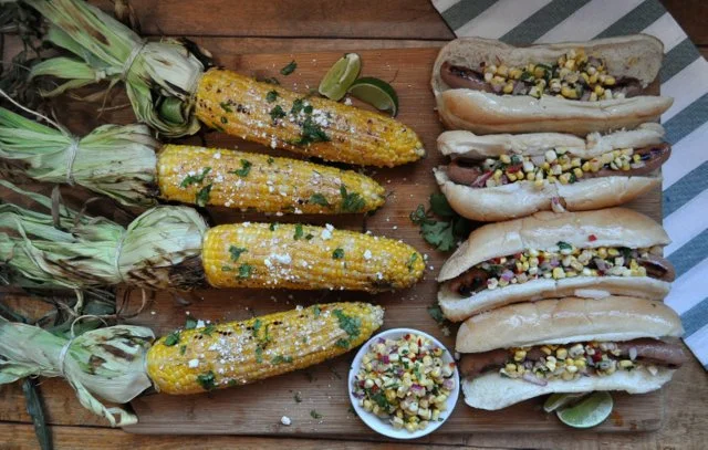 Turkey dogs Corn Relish and Mexican Street Corn