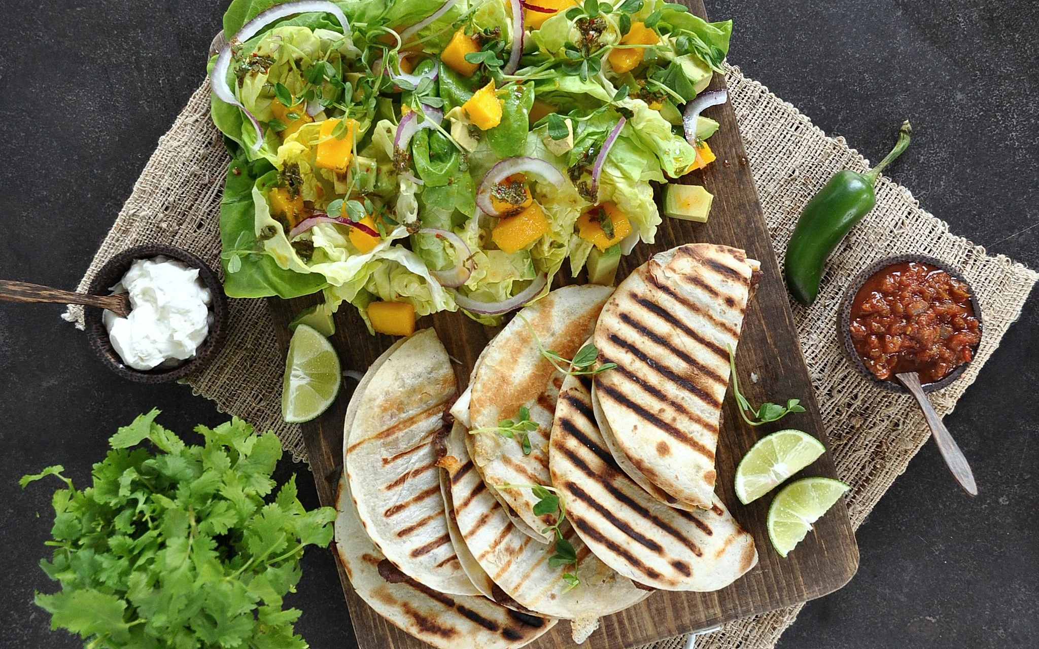 quesadilla and mango salad