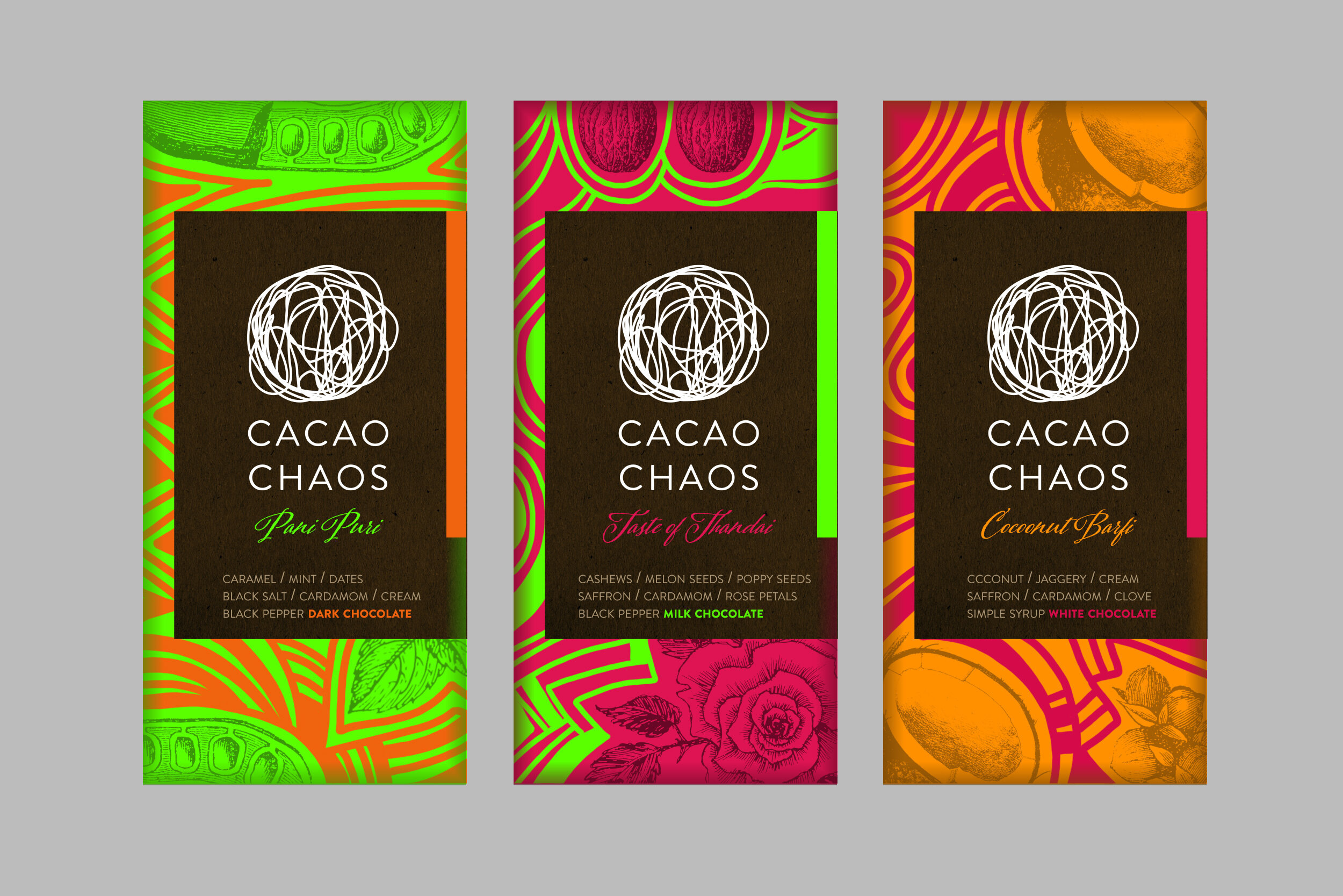  Packaging design for  Cacao Chaos , a South Asian inspired chocolate brand 
