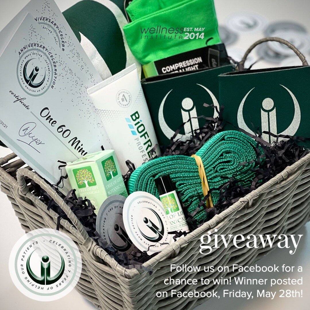 Celebrating 7 years of positive patient outcomes in physical therapy with a gift basket giveaway! Follow us for a chance to win a 60 min massage, 1 month of infrared sauna use, CBD oil &amp; CBD chapstick, a stretch strap, Biofreeze, and compression 