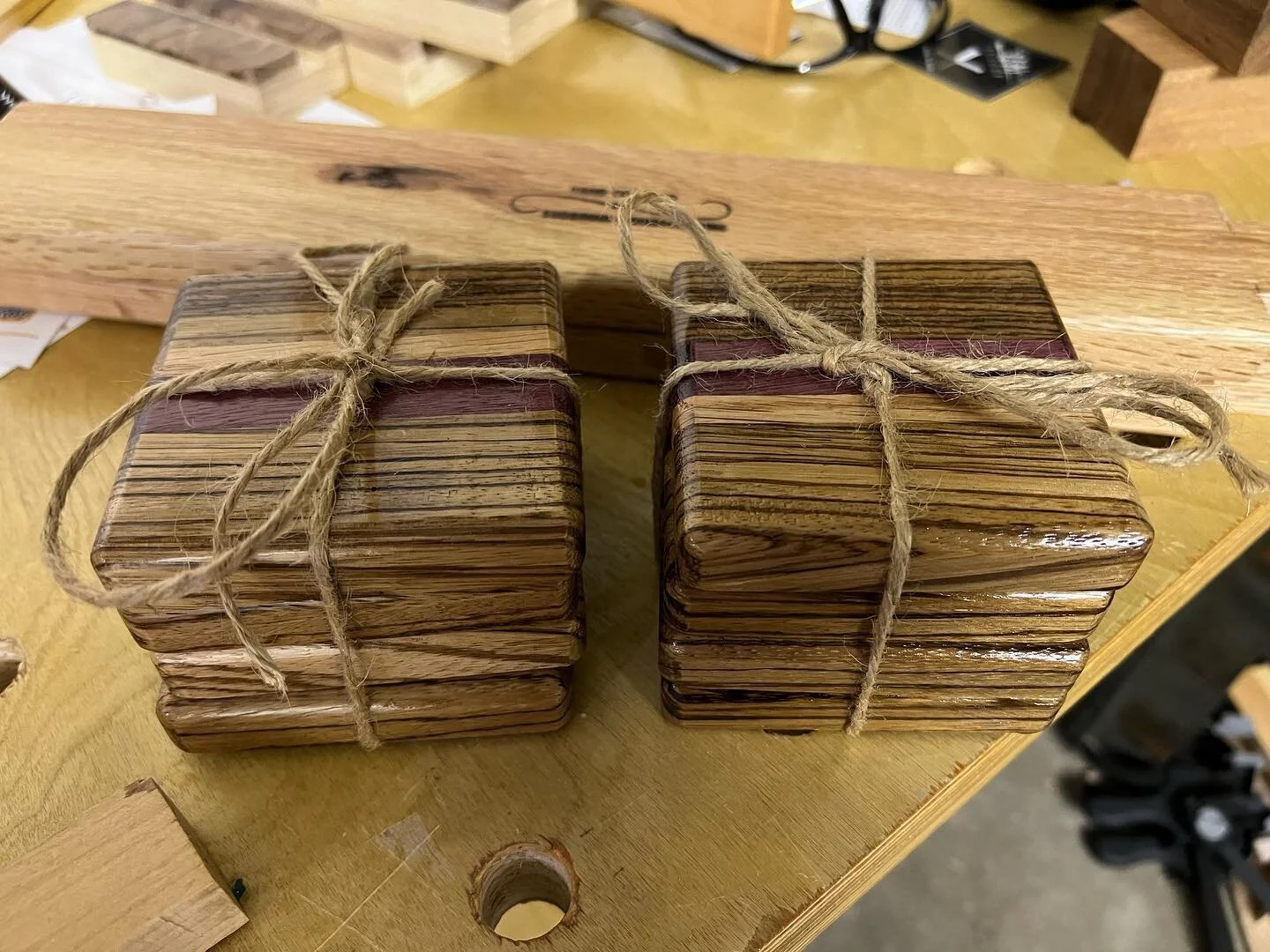 These coasters turned out great! Zebrawood, purpleheart, and oak. #woodworking #woodworker #homedecor #coasters