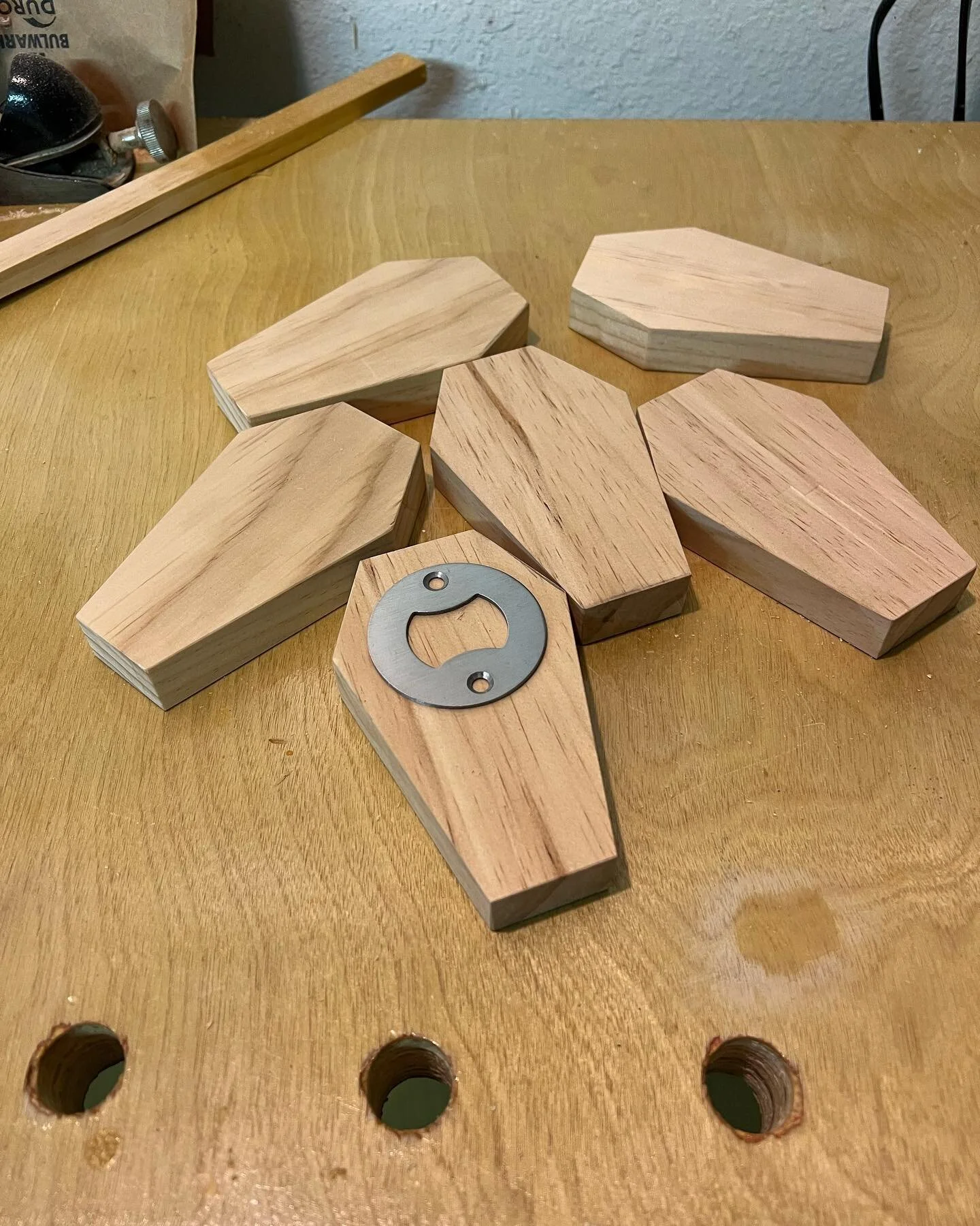 Some coffin shaped bottle openers in the works #woodworking #woodworker #bottleopener #beer #homedecor #handmade #handcrafted