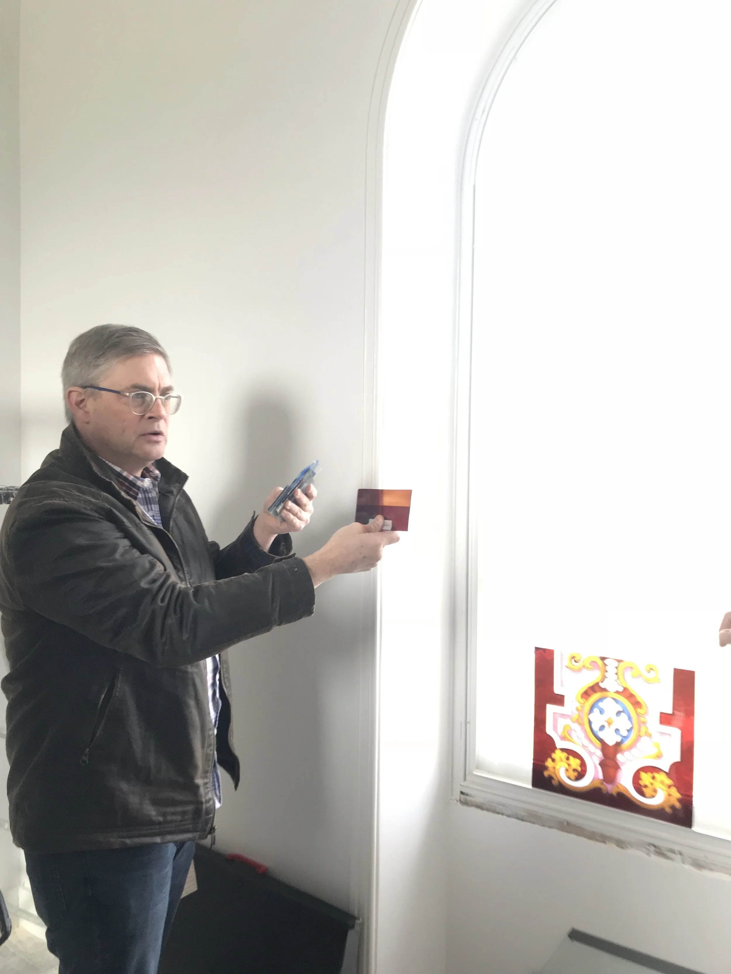  Kirk Weaver, a third generation owner of Pittsburgh Stained Glass Studios, is recreating enameled glass panels for the stairway windows. The technique, pattern and colors are exact replicas 1850’s glass panels created by S. W. and H. T. Gernhardt, B