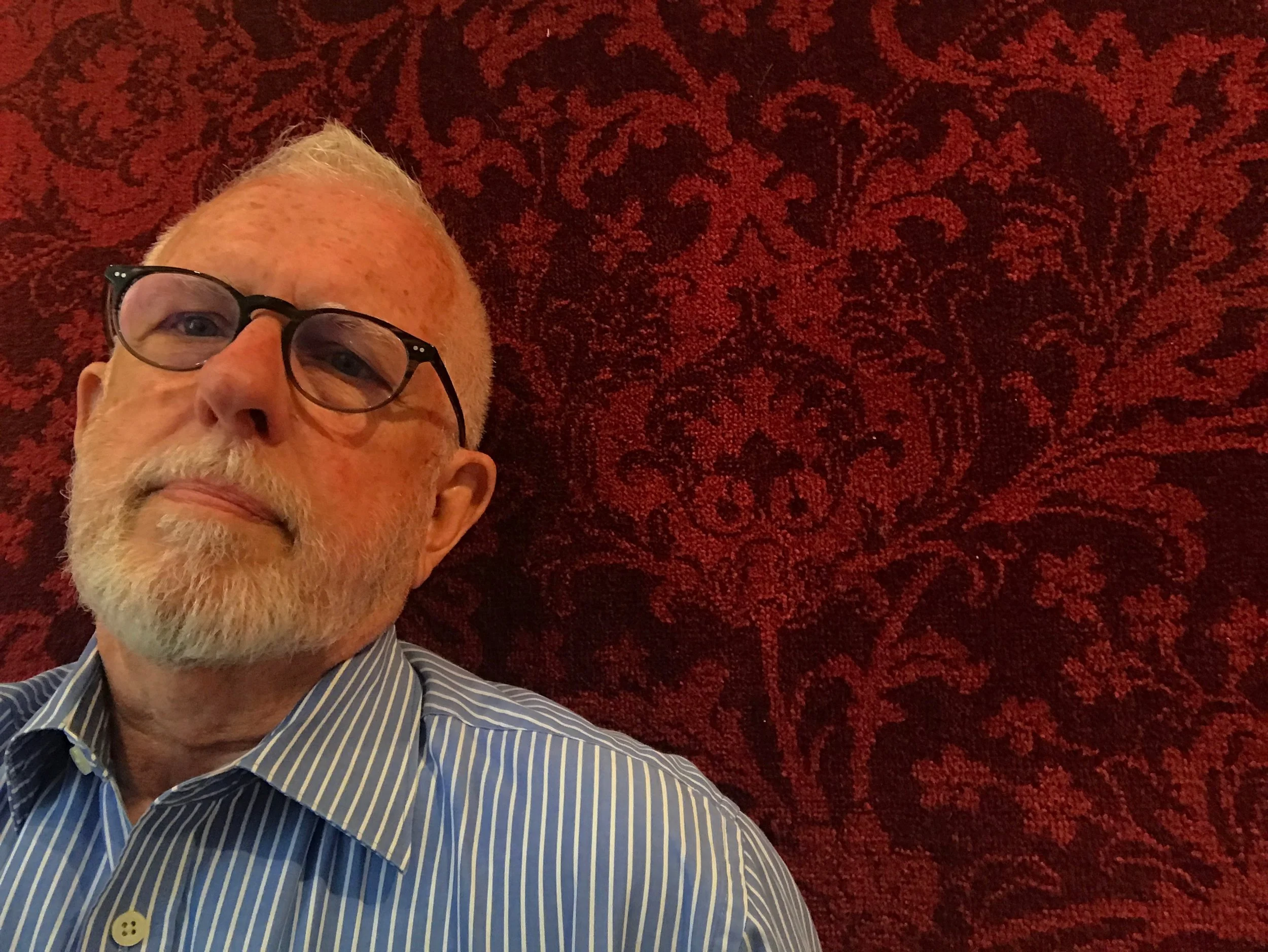  Designer Henry Johnson pictured in front of a sample of stairway carpeting. The Grand Entrance and Stairway was lavishly decorated in the finest Victorian fashion of the day. Carpeting and drapery fabric in deep reds are chosen to accent the enamele
