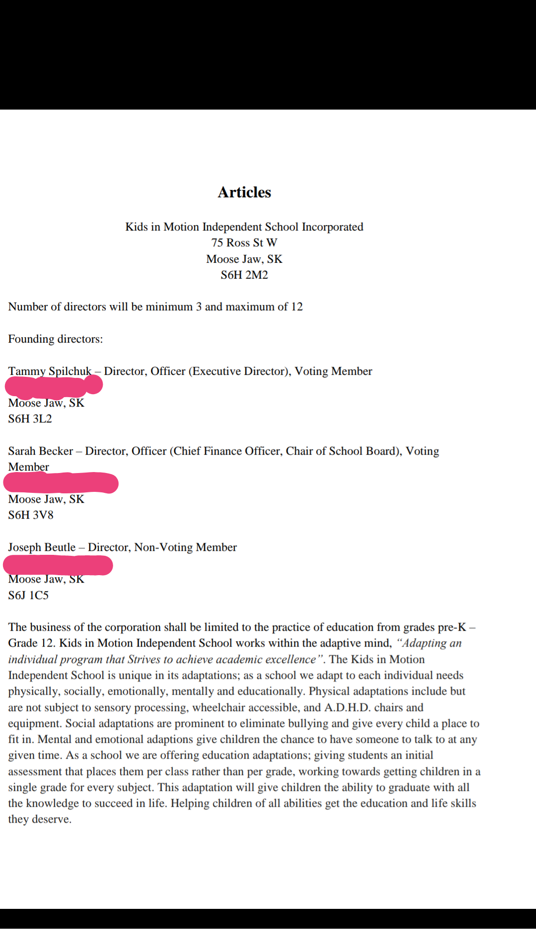 Screen shot of Articles of Incorporation Filed With the Saskatchewan Corporate Registry