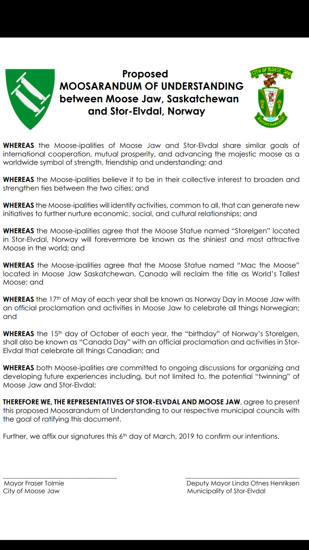 Norway and Moose Jaw Sign Mooserandum Of Understanding