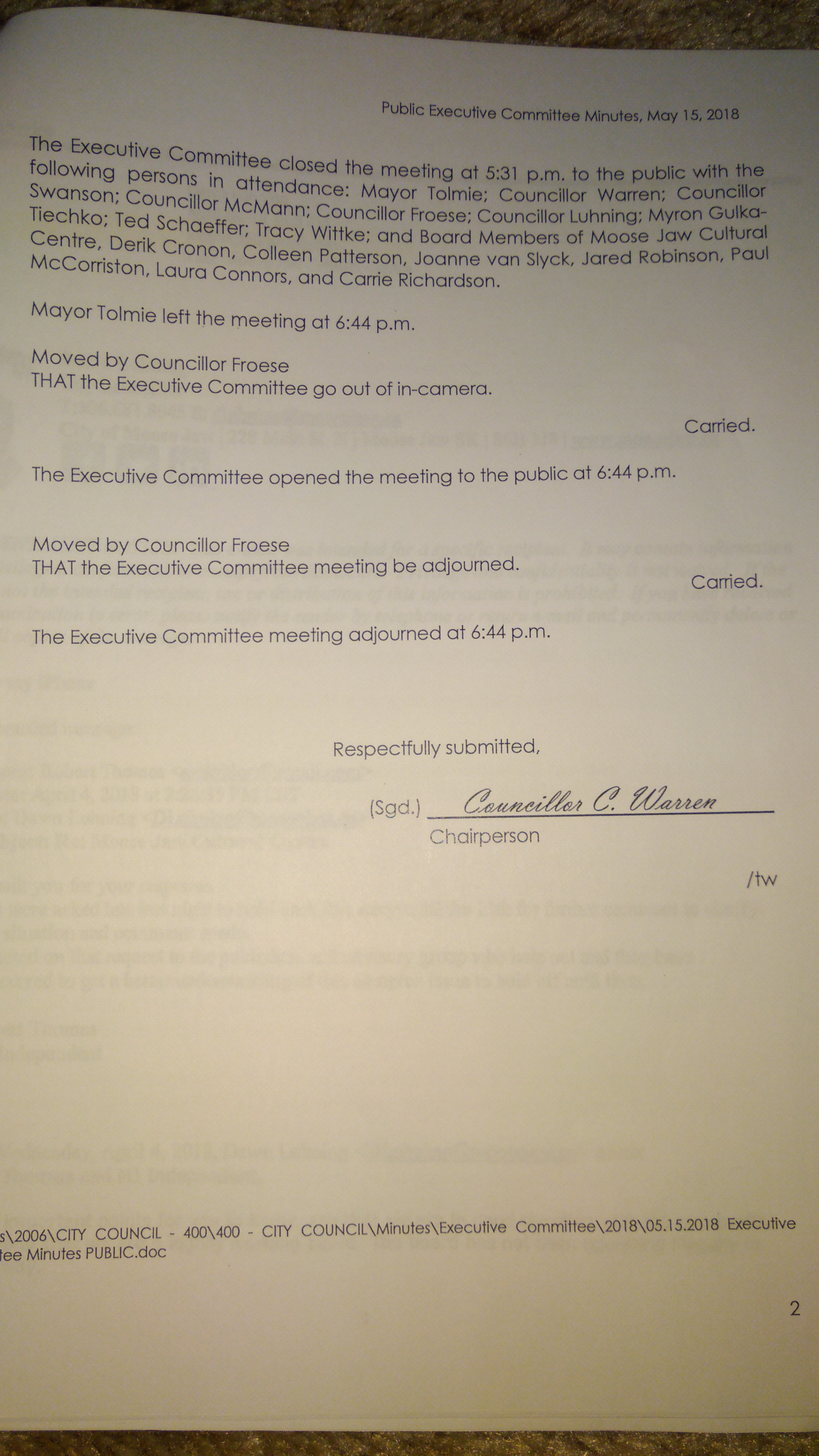 The minutes from a special May 15, 2018 Executive Committee meeting released as a result of an FOI