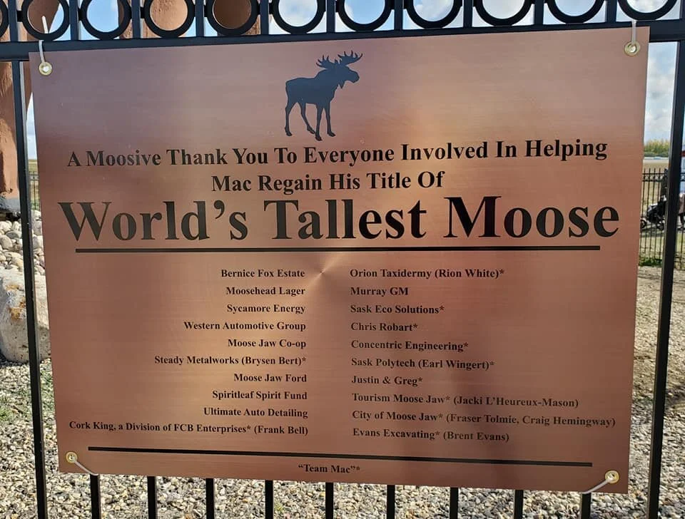 New sign at the site, showing our title has been regained. Moose Jaw is once again home to the world's tallest moose. Photo by Kimberly Epp.