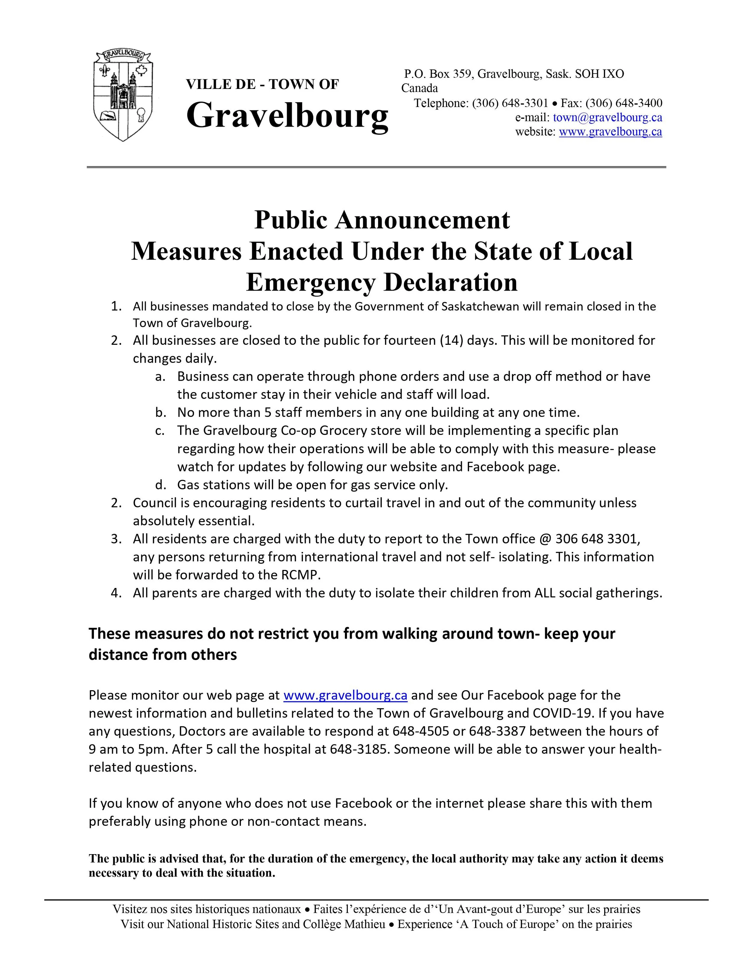 Gravelbourg Declares Local State Of Emergency - Closing Public Access To Businesses