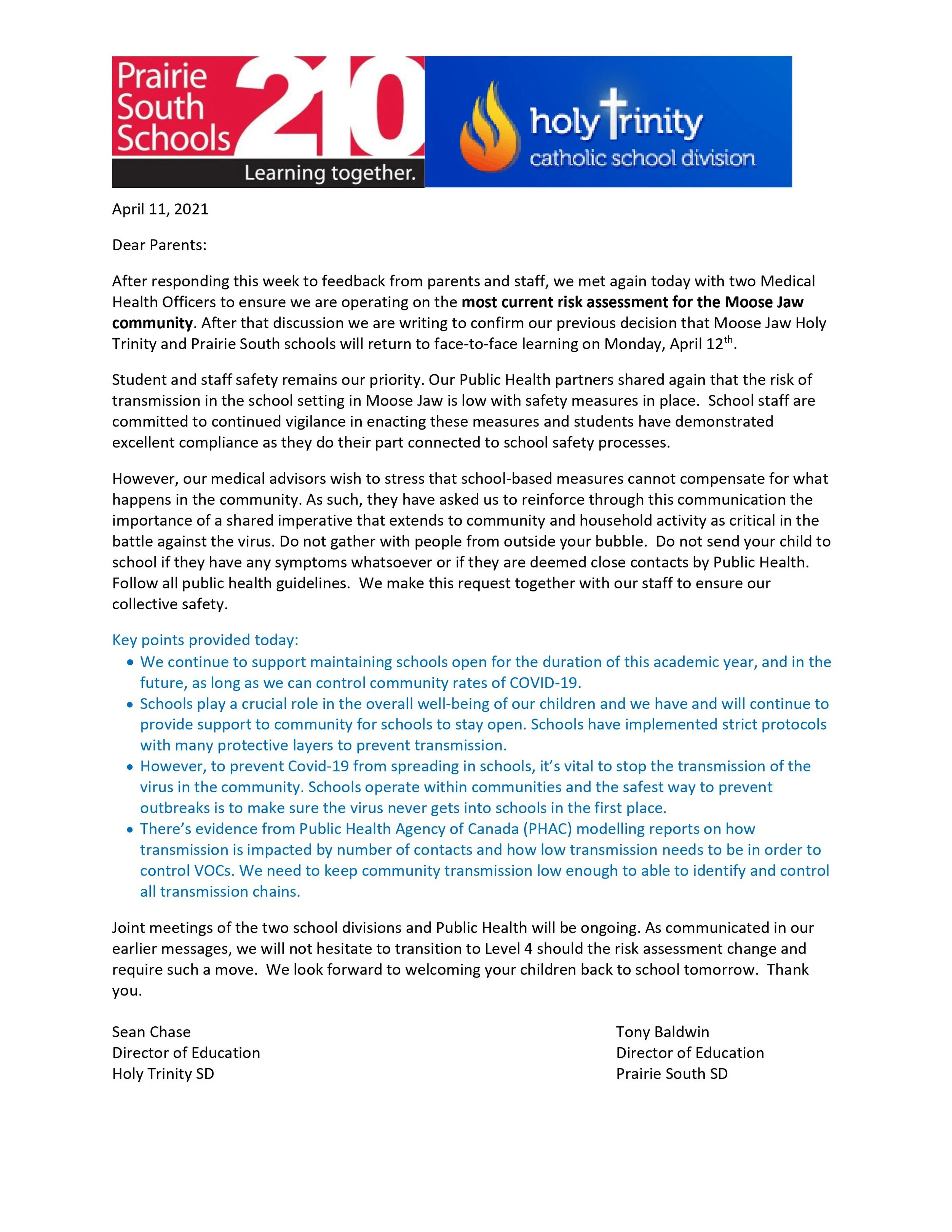 Letter Says Latest Assessment Re-Opening Schools Is Fine