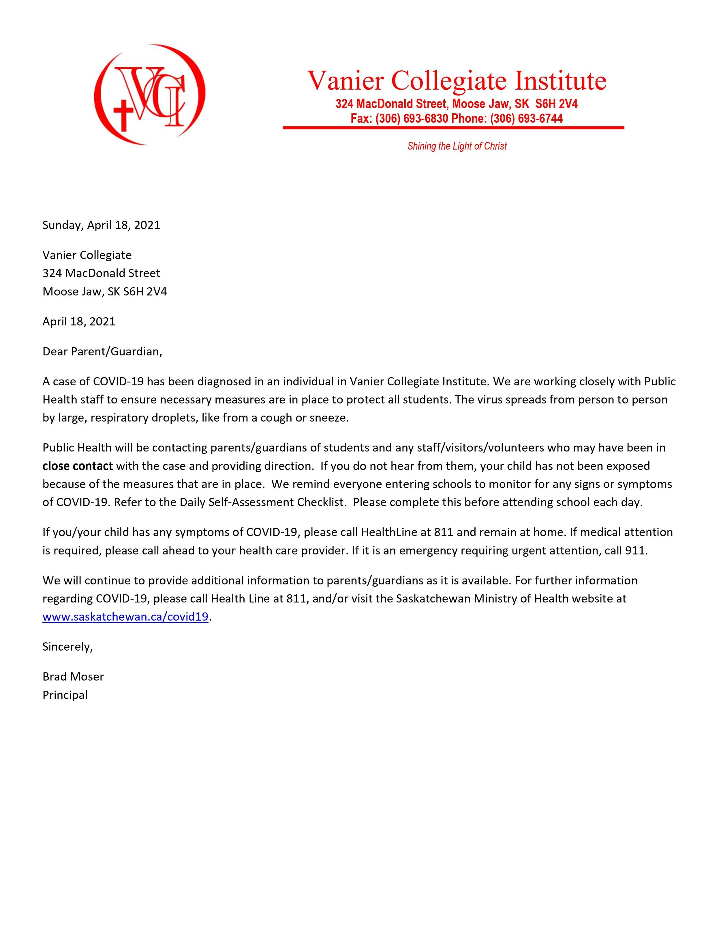 Case Of COVID - 19 Confirmed At Vanier Collegiate