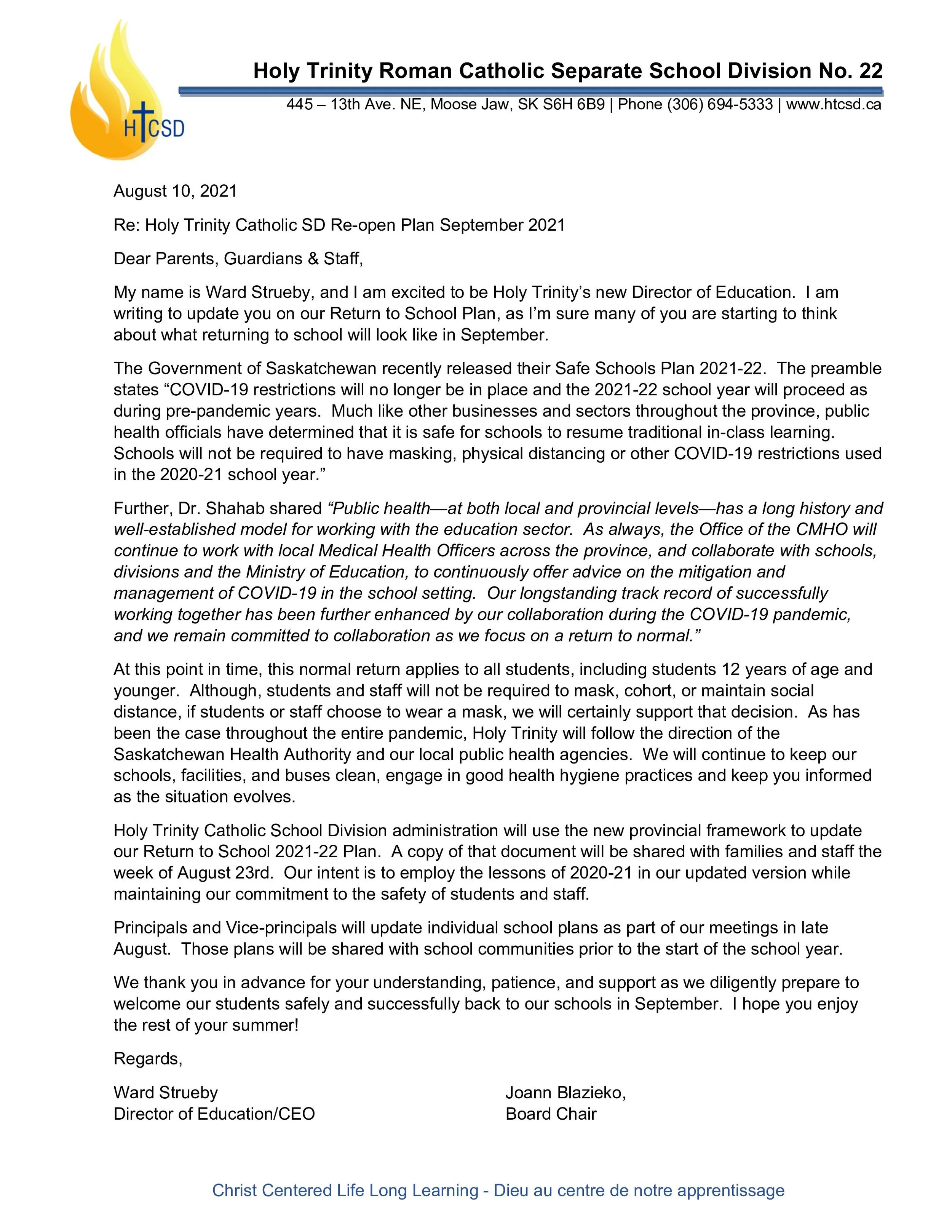 Full Speed Ahead For Re-Opening Holy Trinity Schools In September 