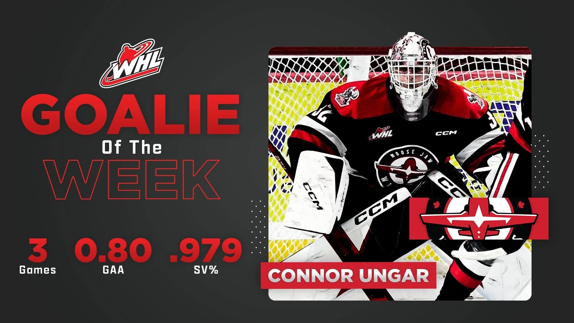 Ungar Named WHL Goalie Of The Week