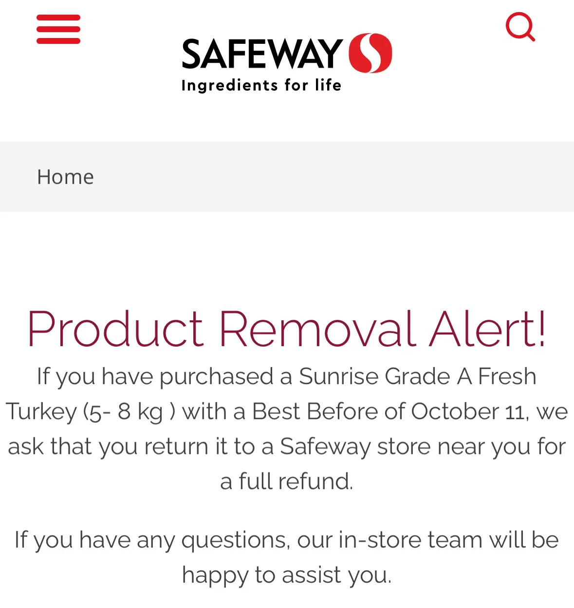 Safeway\Sobeys Issue Recall On Eve Of Thanksgiving