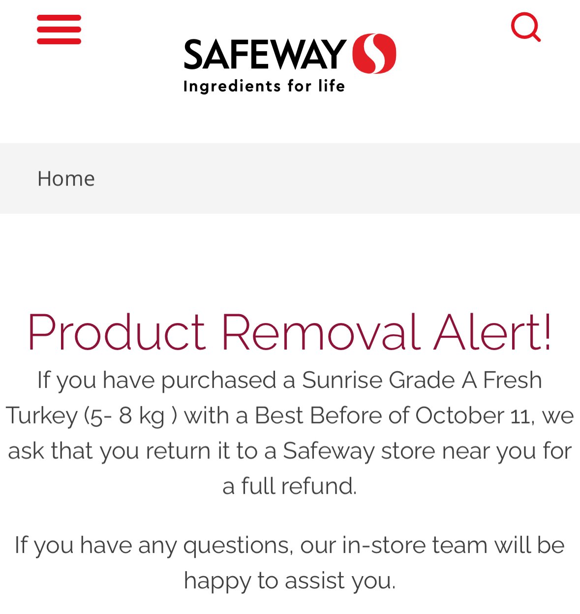 Safeway\Sobeys Issue Recall On Eve Of Thanksgiving
