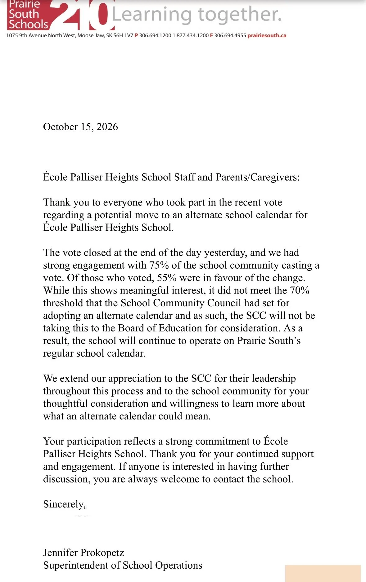 Alternate Calendar Initiative Fails At Palliser Heights School
