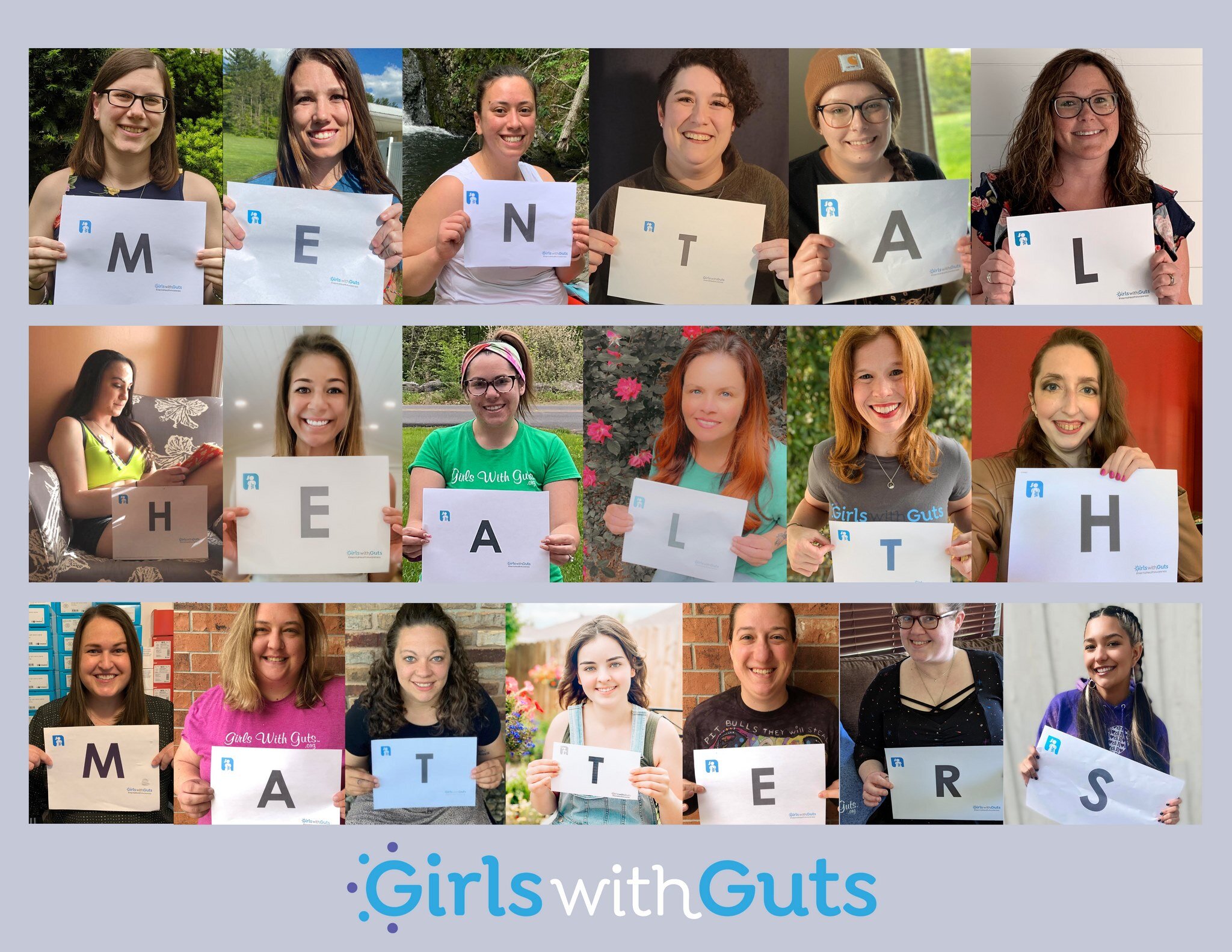 Image of different GWGS in a college each holding a sign with a letter, which spells out “Mental Health Matters.”