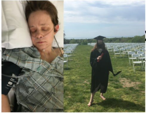 Two photos of the blogger appear side-by-side. In the photo to the left, the author is in the hospital. The photo on the right shows the blogger getting her MA degree.