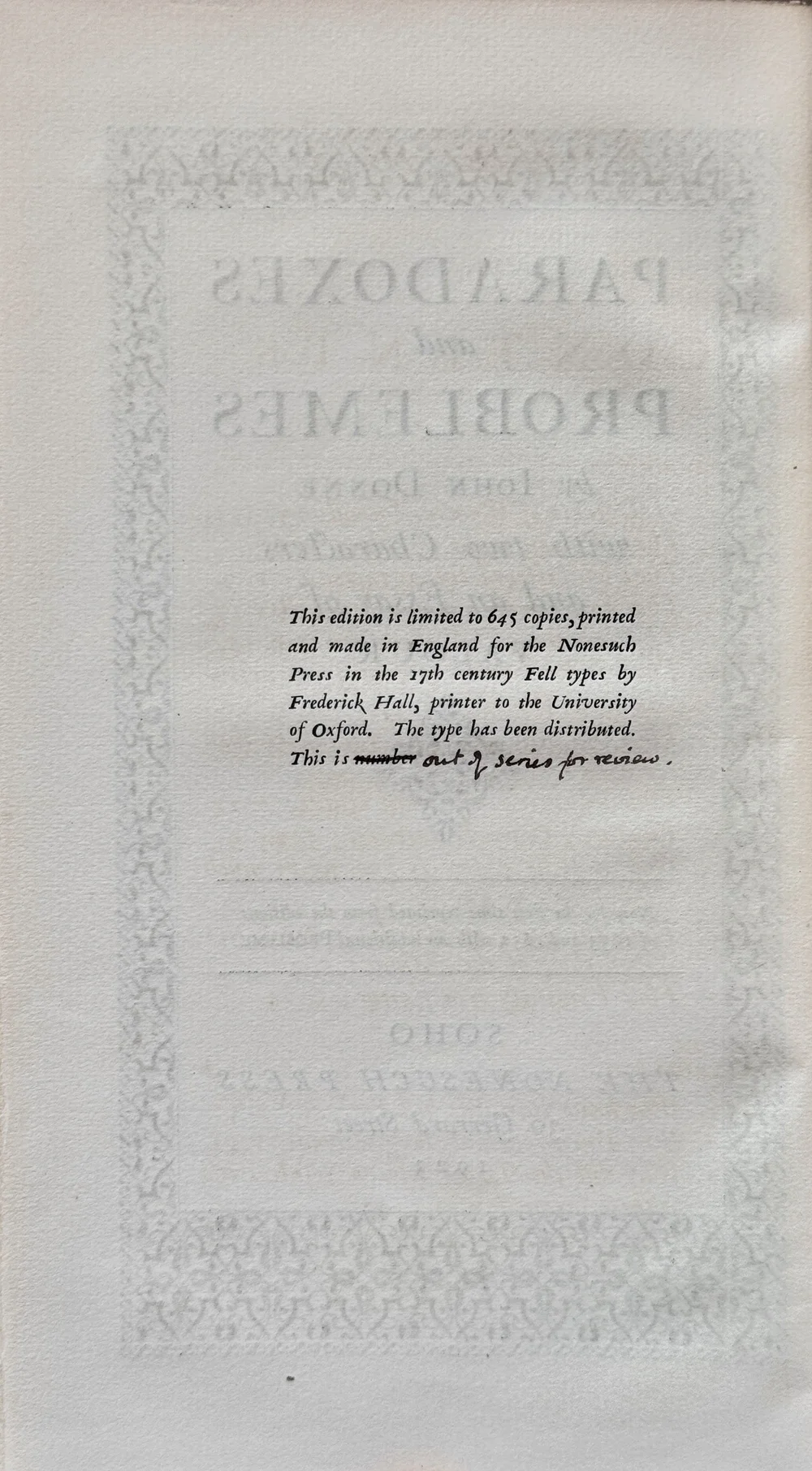 Donne's Paradoxes and Problems - Nonesuch Press, 1923