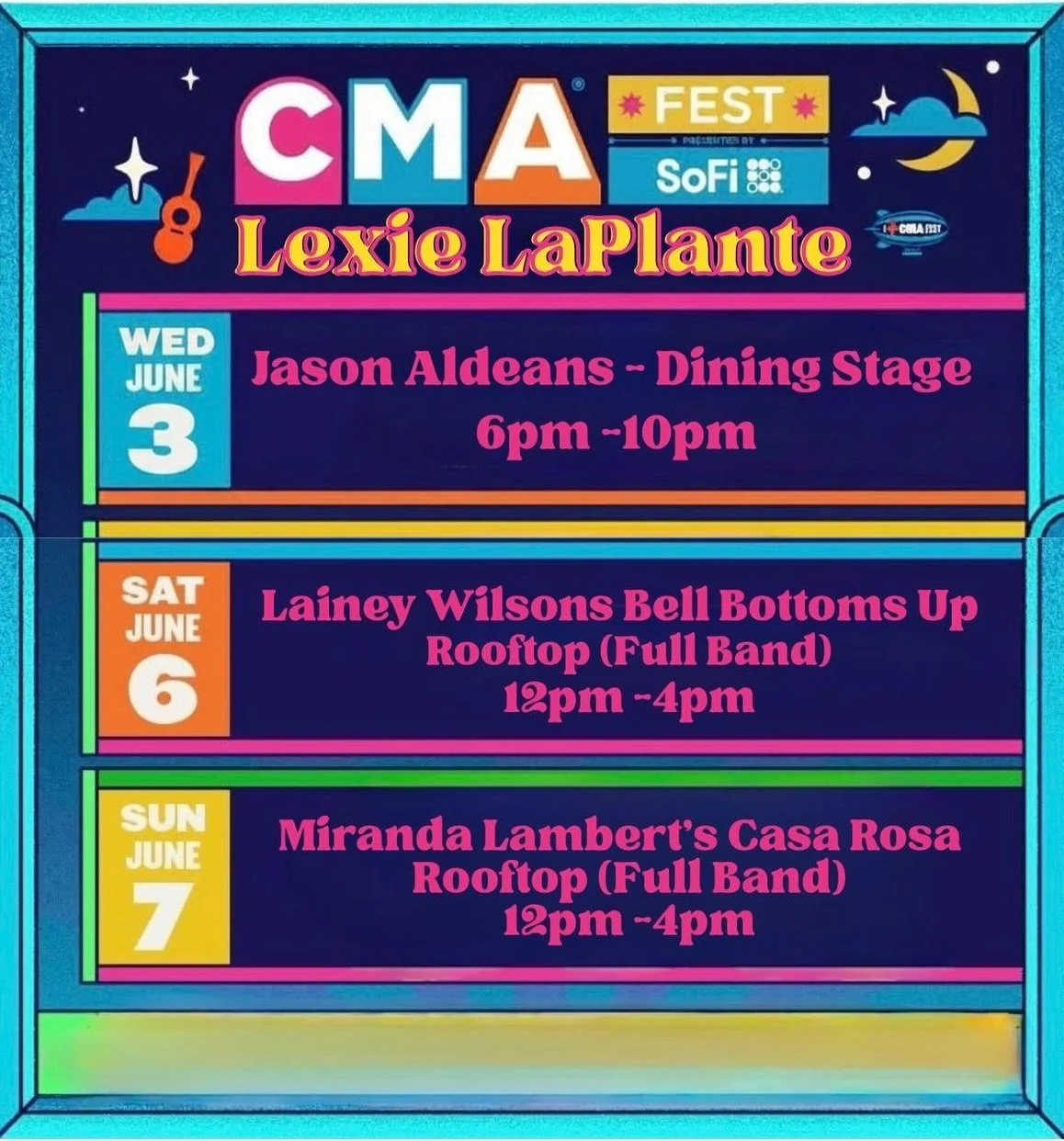 Where to find me during CMA fest next week!! 🧡🩷🩵 see yall there #cmafest #cma #nashville