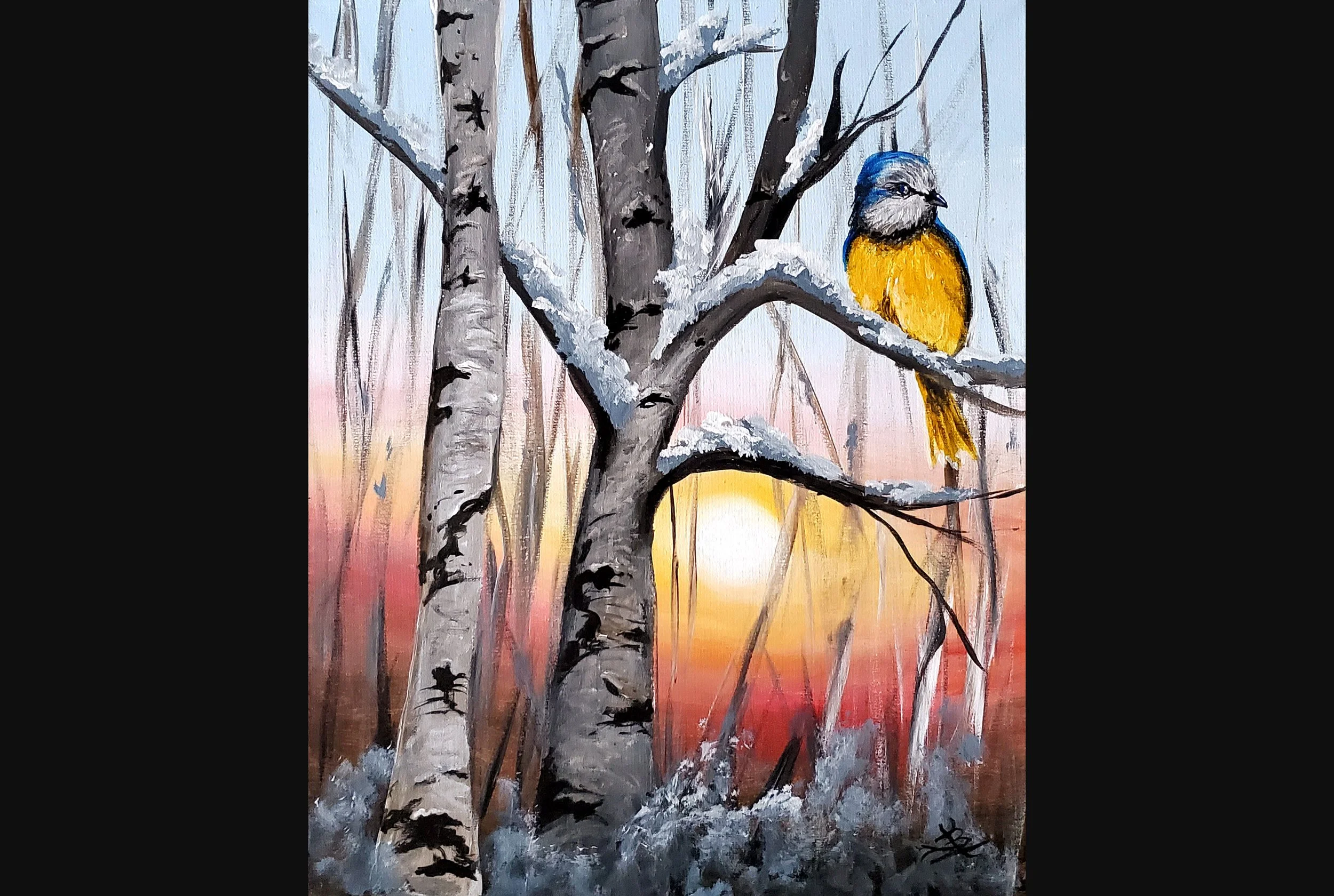 Chickadee on Snowy Birch Tree