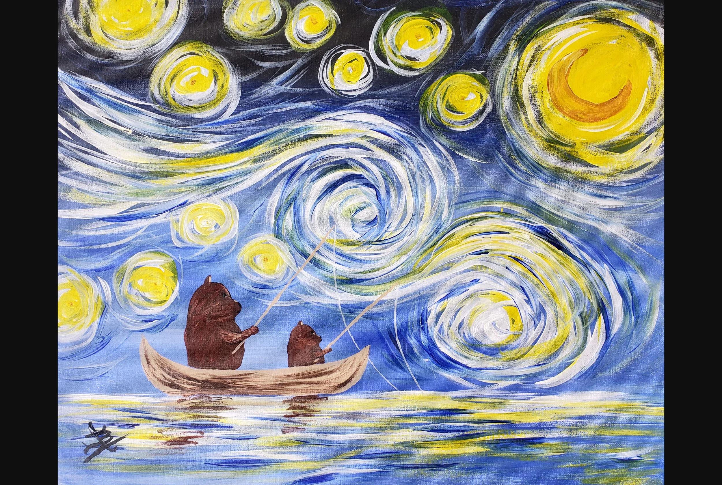 Bears Fishing Under Starry Night