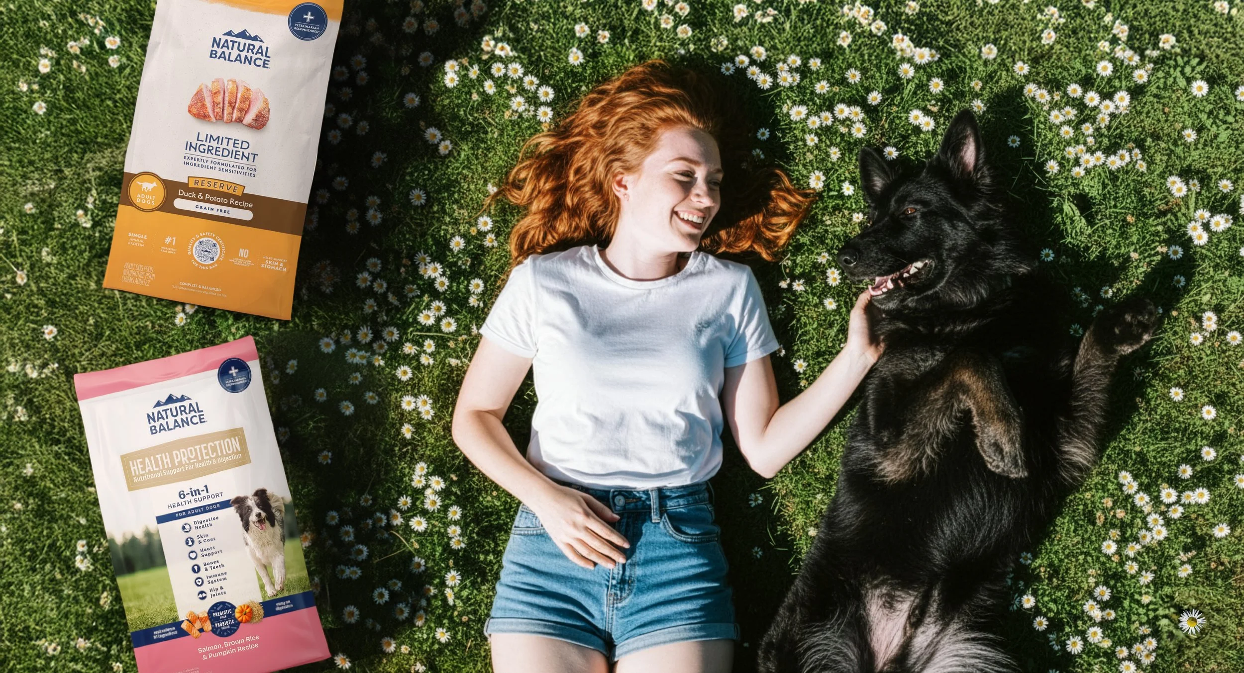 Woman in field with dog with Natural Balance Limited Ingredient and Health Protection dog food