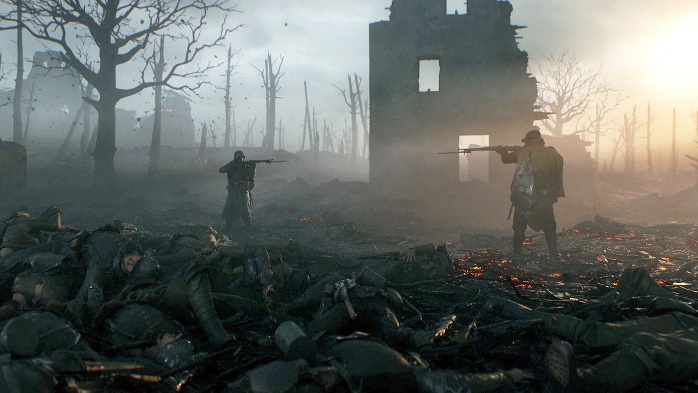  Battlefield 1 er godt eksempel på et computerspil, der har meget realistiske elementer. I de første missioner, som er afbilledet her, får man en god fornemmelse af skyttegravskrigen under 1. Verdenskrig . 