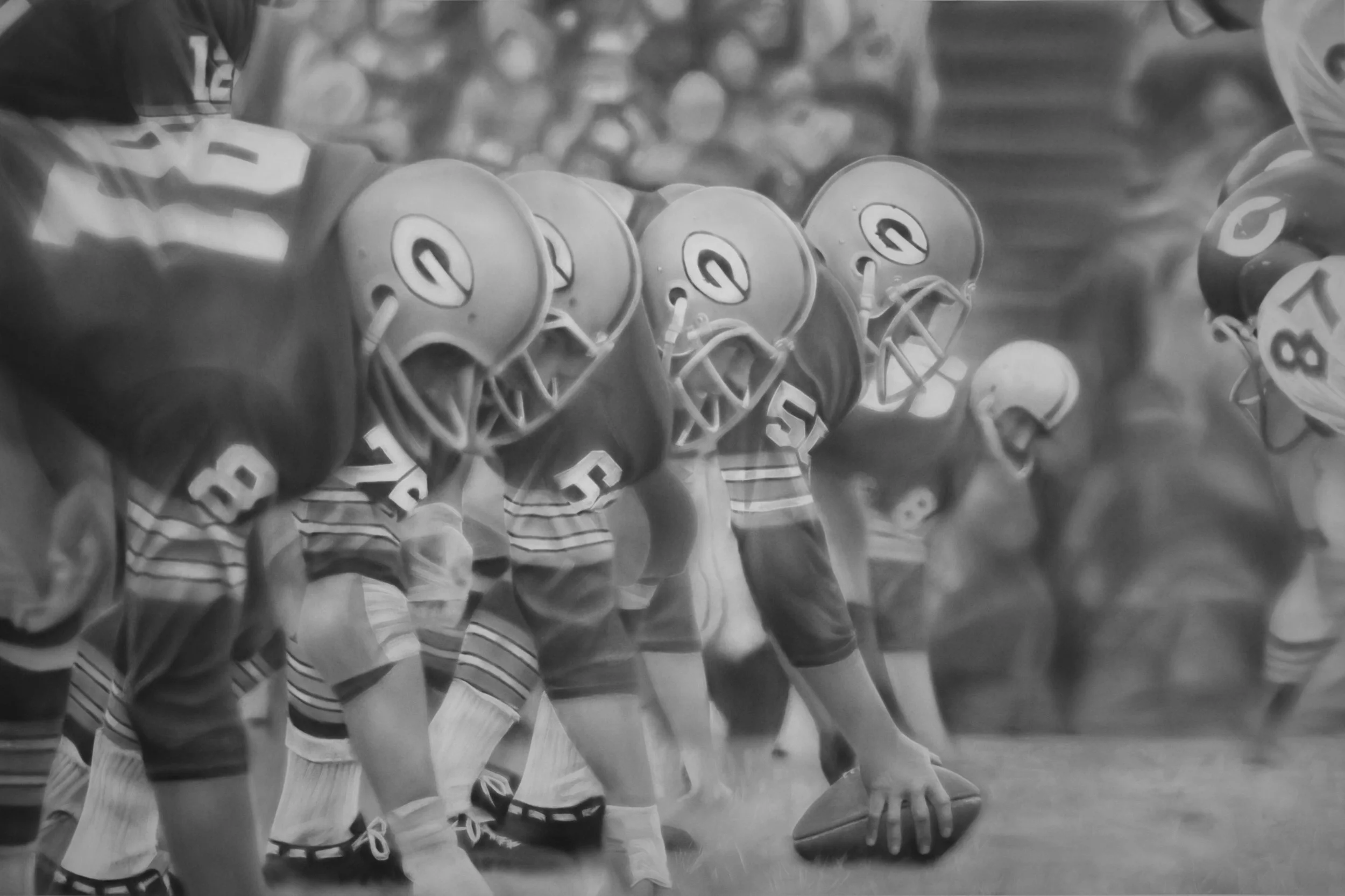 "Defenders of the Line", Graphite on paper, 44 x 66 inches. Commission for Lambeau Field Art Collection. 2017.