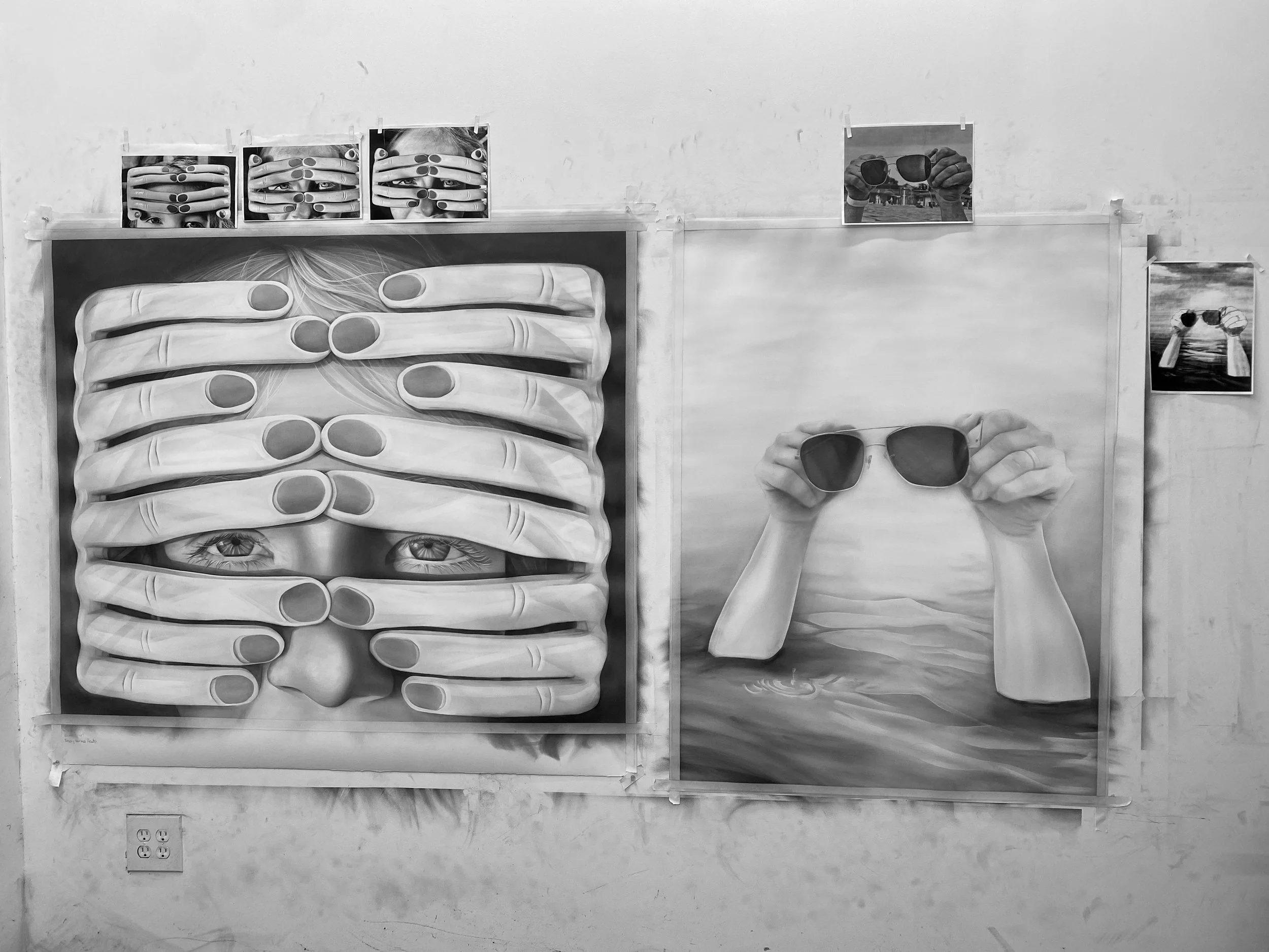 Two graphite drawings in progress