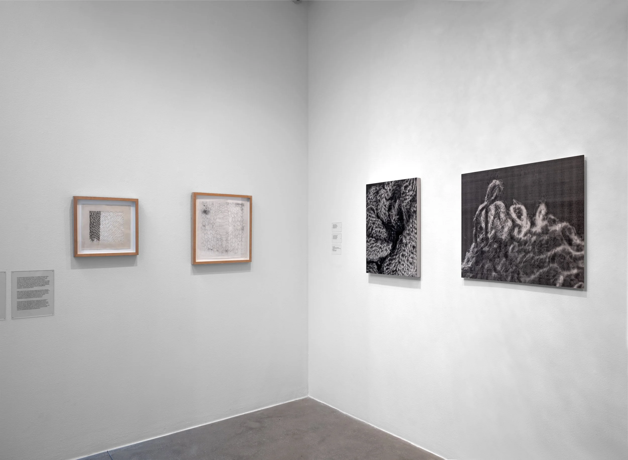 From the left: Safety Net, 2006, graphite on cut japanese rice paper, 11" x 11"; Undone, 2006	graphite on cut japanese rice paper,	21" h x 19"; Untitled (Drawing #1), 2008, mixed media drawing, 27.25" x 20.25"; Untitled (Drawing #3), 2010, mixed medi