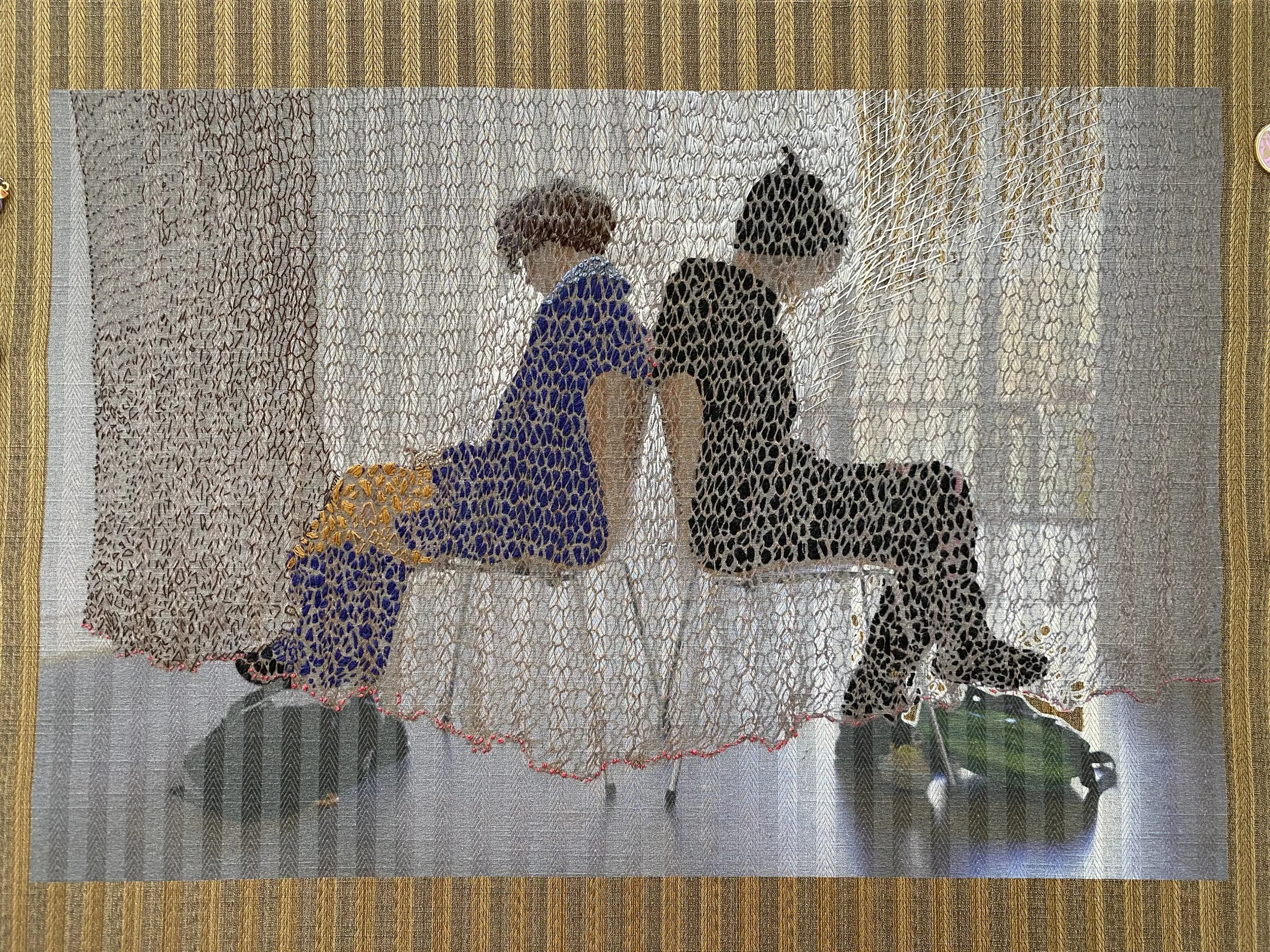 Mother & Daughter
(2025)
embroidery on photograph on brocade fabric,
14.5” x 21.5”