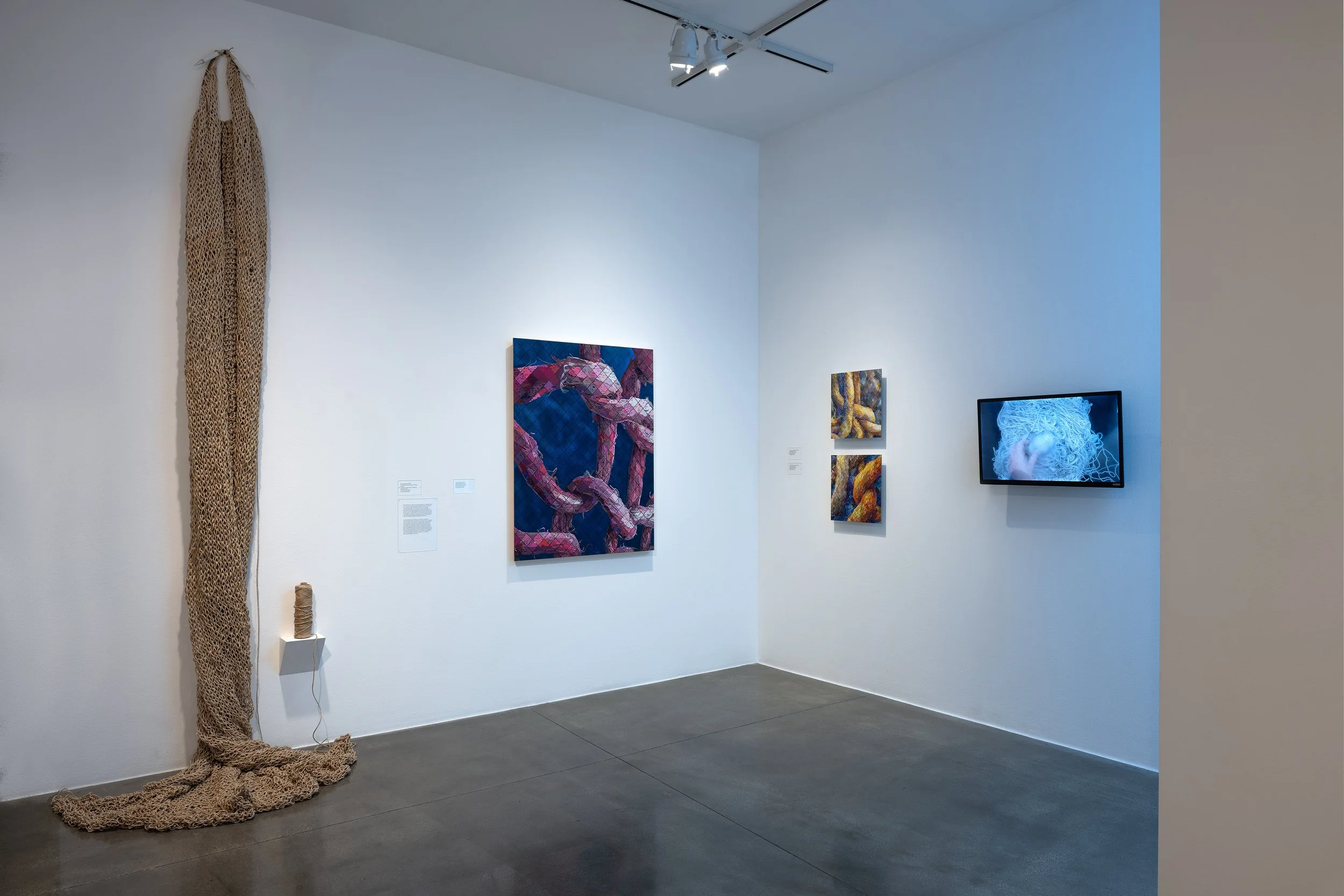 From the left: & Circumstance, 2006, knit 170 lb. hemp rope and knitting needles, 9.5' x 3' x 3'; Pink Over Blue, 2019, mixed media painting	49.5" x 37"; Untitled #1, 2015, mixed media drawing, 16" x 16"; Untitled #6, 2015, mixed media drawing, 16" x