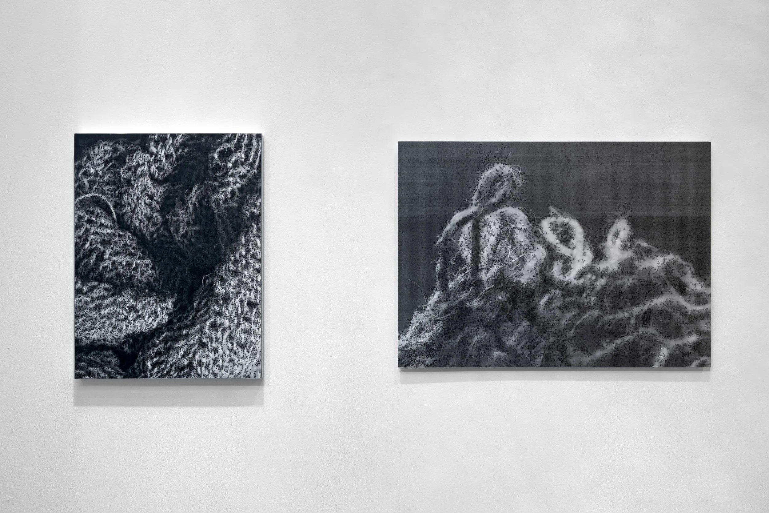 From the left: Untitled (Drawing #1), 2008,	mixed media drawing, 27.25" x 20.25"; Untitled (Drawing #3), 2010, mixed media drawing,	25.5" x 34.25"