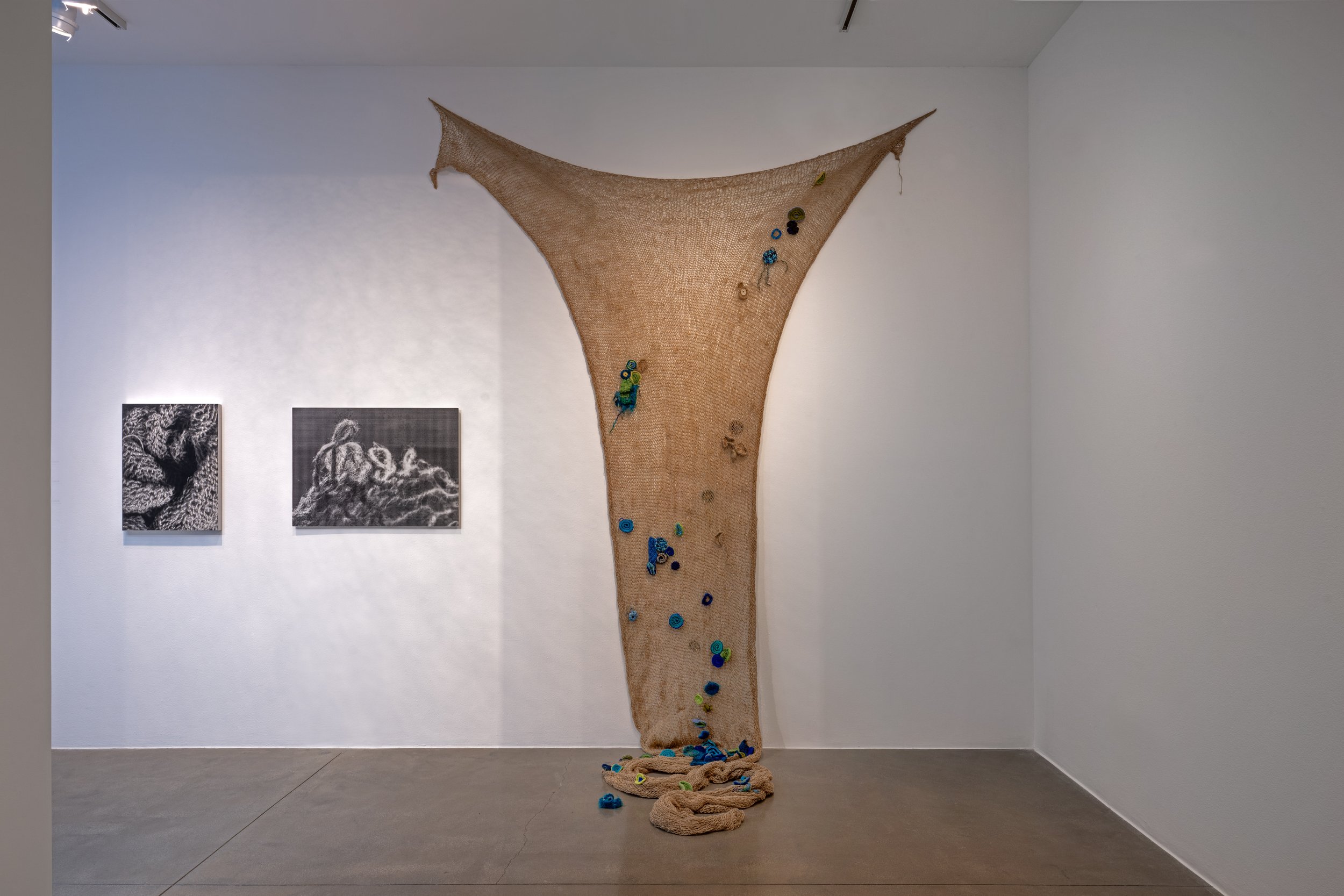 From the left: Untitled (Drawing #1), 2008,	mixed media drawing, 27.25" x 20.25"; Untitled (Drawing #3), 2010, mixed media drawing,	25.5" x 34.25"; Pomp, 2006, knit hemp twine / crocheted yarn, 10' x 8' x 8'