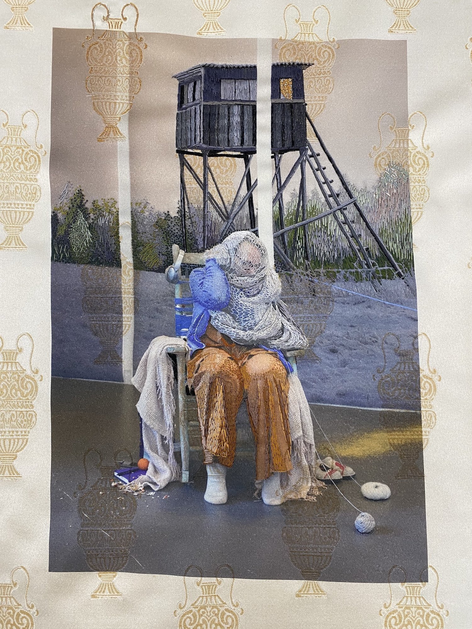 From the Forest to the Light
(2025)
embroidery on photograph on brocade fabric,
25" x 18"