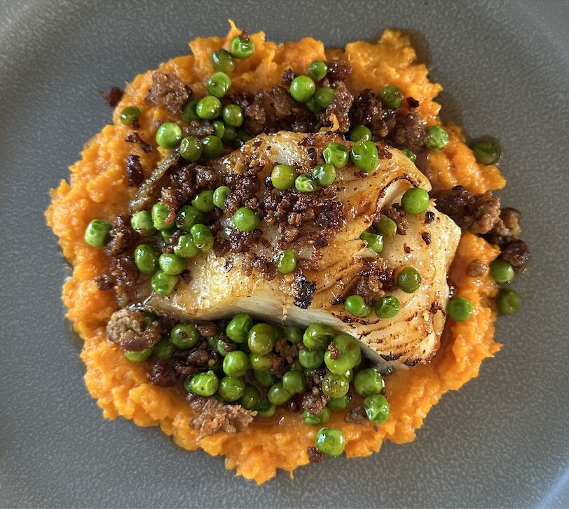 Honey Miso Glazed Black Cod on Sweet potato mash with Chorizo and peas