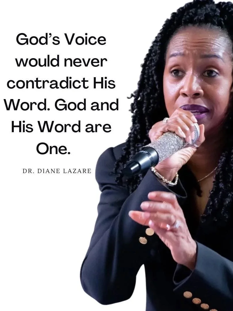 A woman holding a microphone, with a quote on the left side that reads, 'God's Voice would never contradict His Word. God and His Word are One.' attributed to Dr. Diane Lazare.