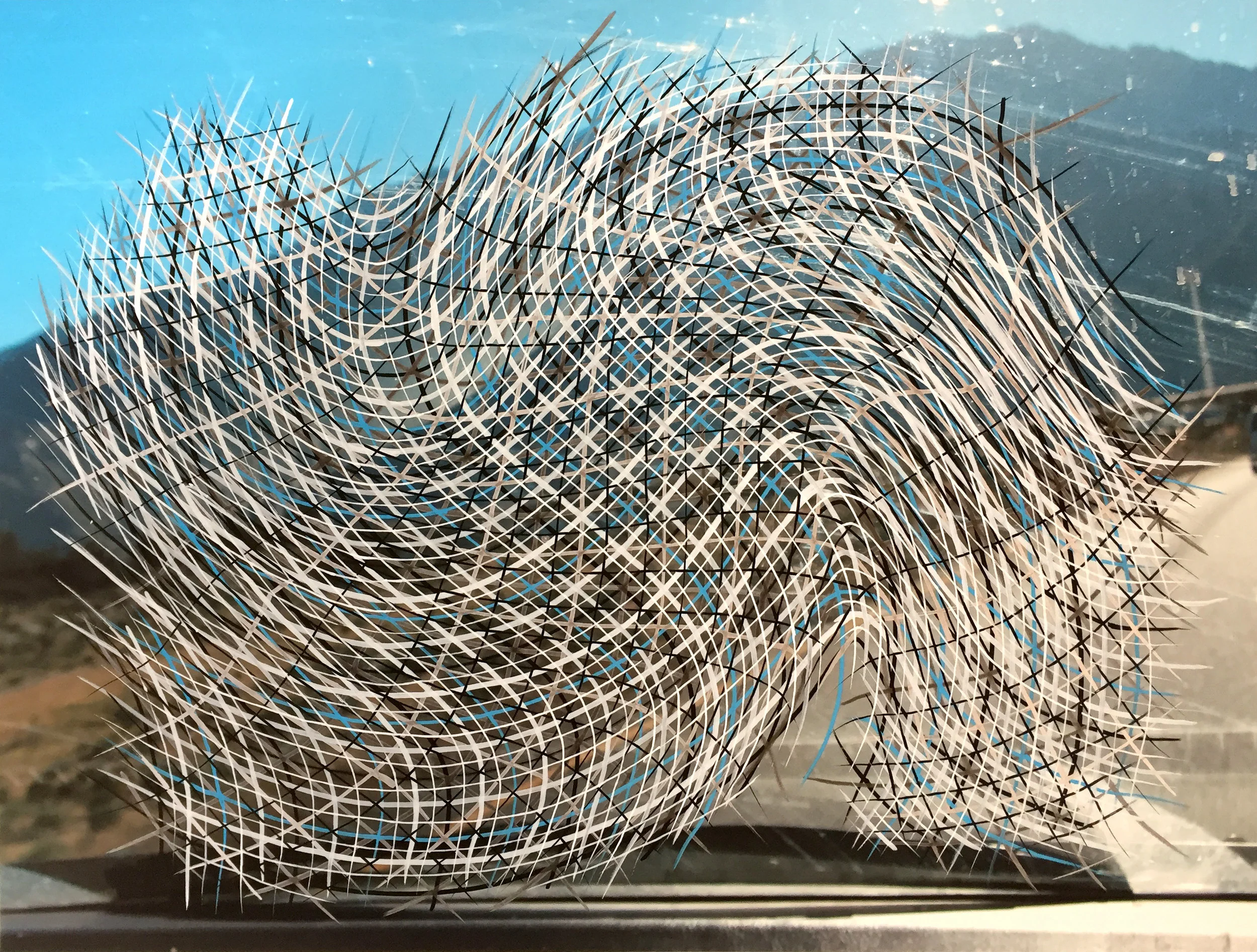  Windshield Grid, acrylic pen drawing on digital photo print, 17 x 22 in.   Drawing grids on my photographs is the logical extension of drawing grids on other printed surfaces, from found packaging materials to newspapers.  