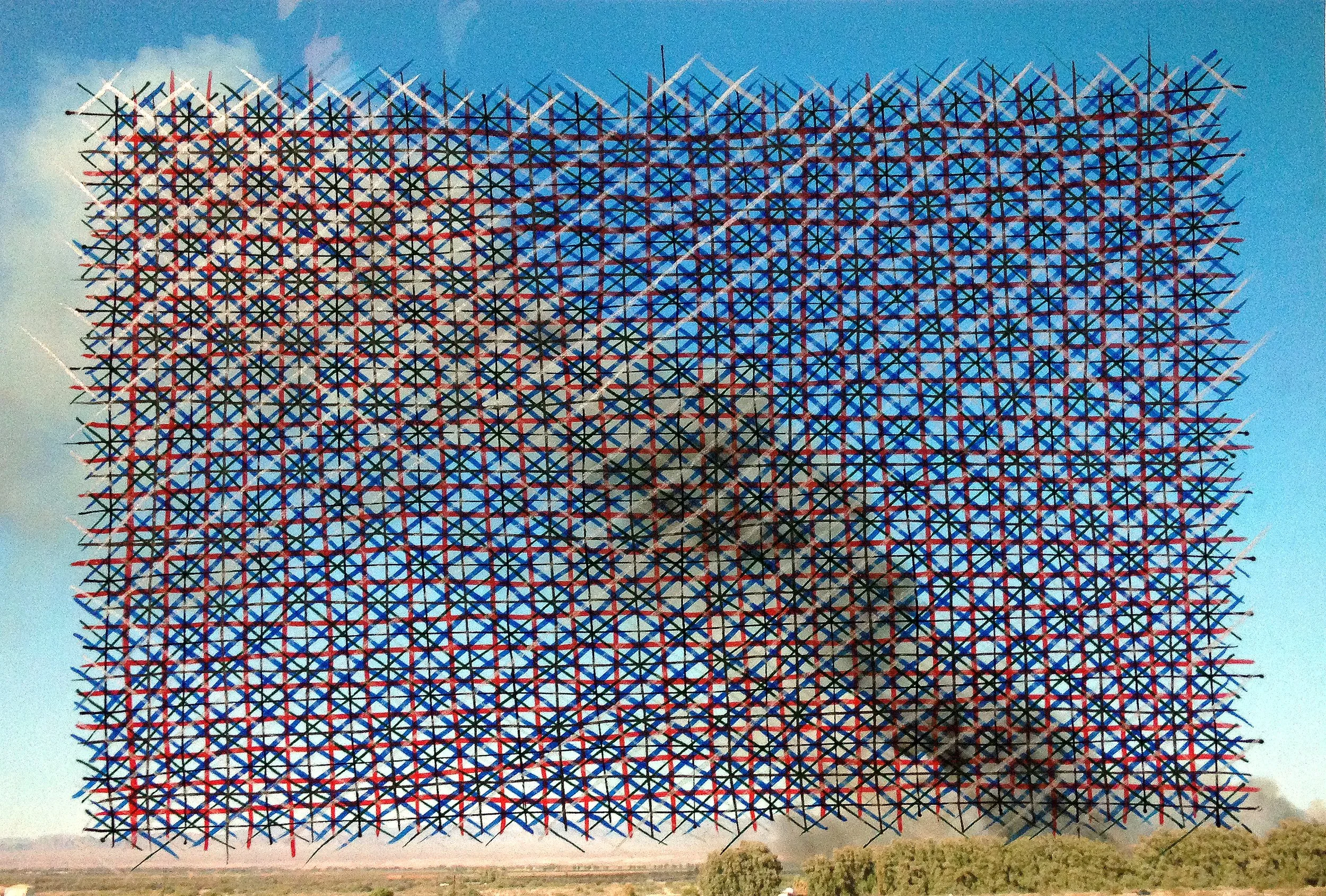  Grid on Smoke, brush pen on digital photo print, 8.5 × 11 in. 