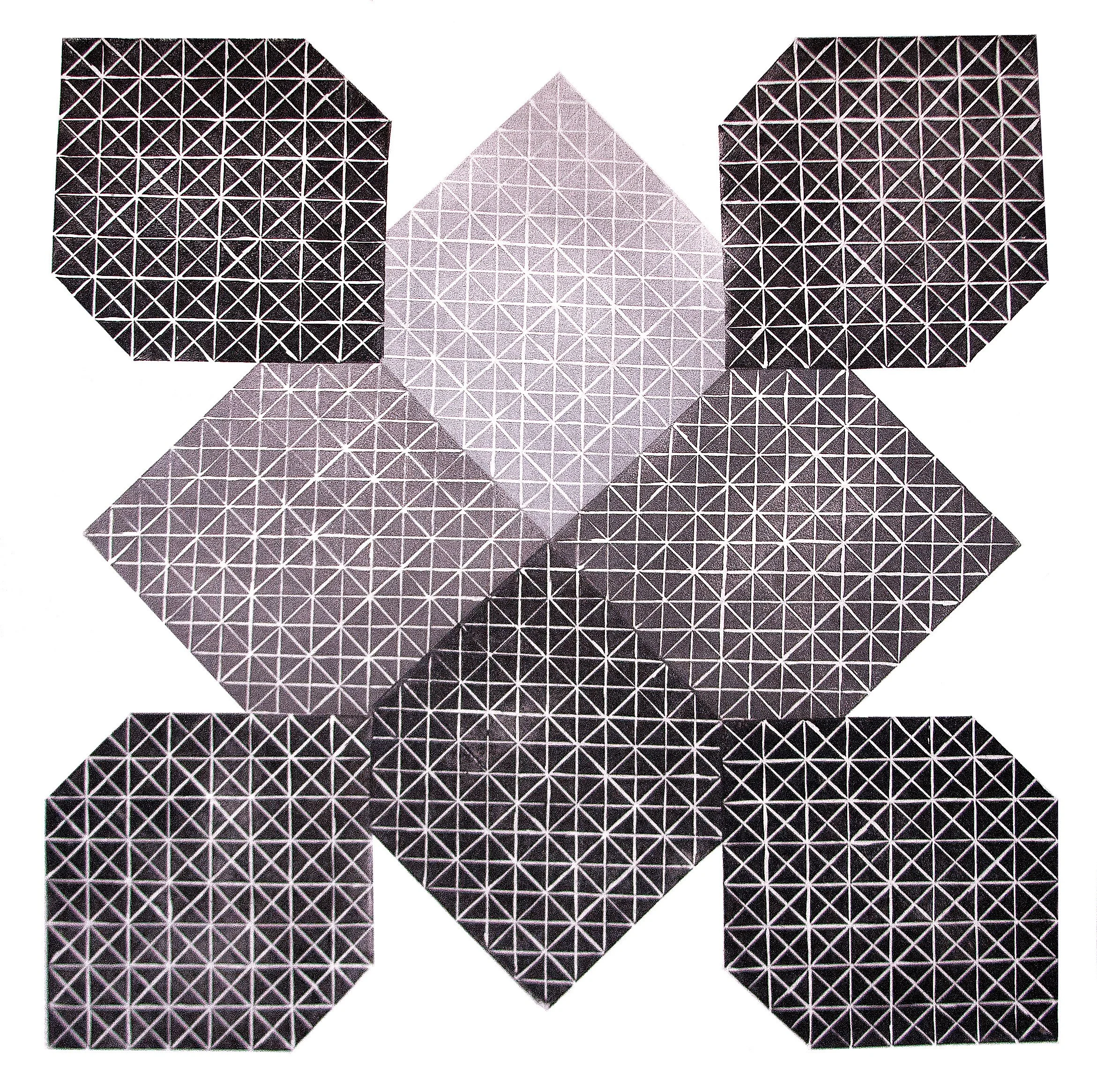  Grid Cubes, linoleum block printing on rice paper, 19.5 x 19.5 in. 