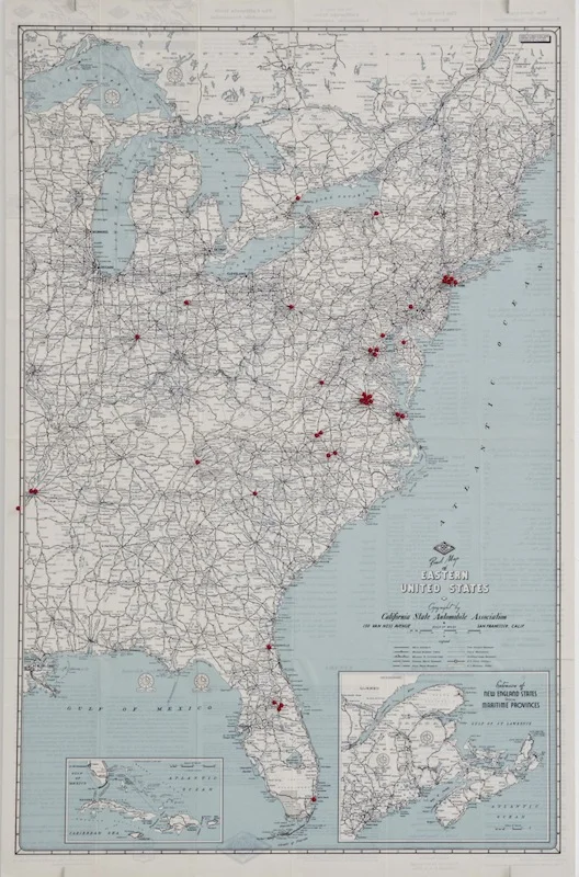 Map with red pins showing where the 39 letter writers lived.