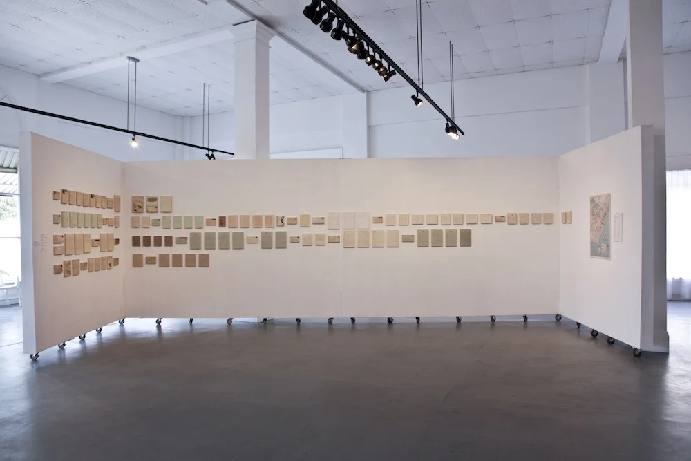 "Letters to Allen", panels with letters collaged on wood panels.