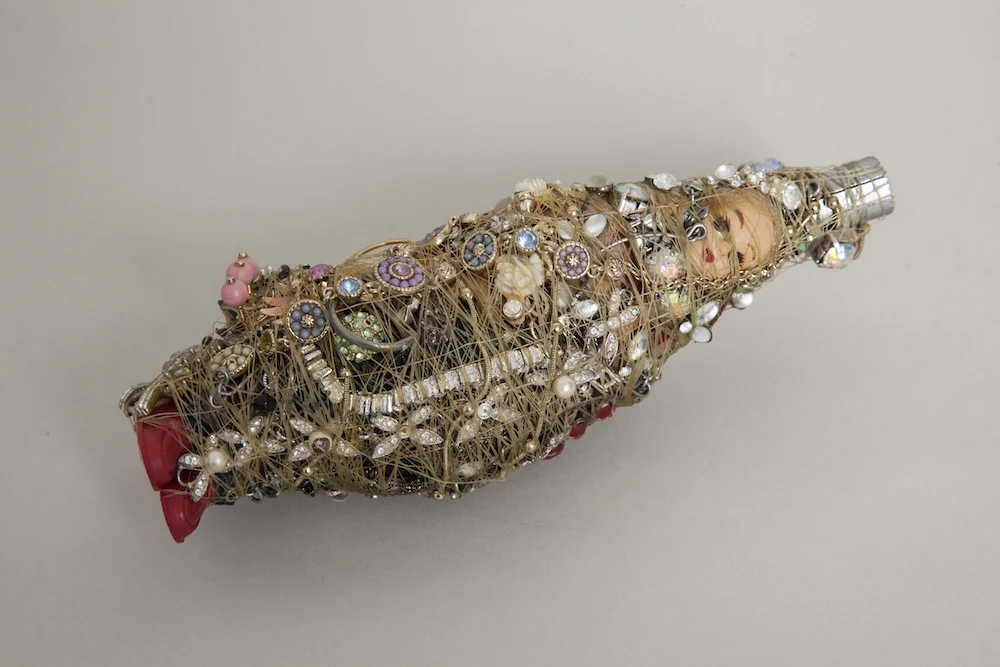 Bound Doll with Apple Corer with Jewelry, 2016, mixed media sculpture with encaustic, 2.75 x 7 x 2.5 inches