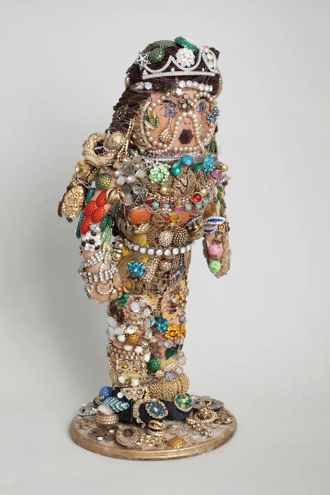 Jeweled Queen, 2015, mixed media sculpture with encaustic, 19.25 x 9.5 x 8 inches