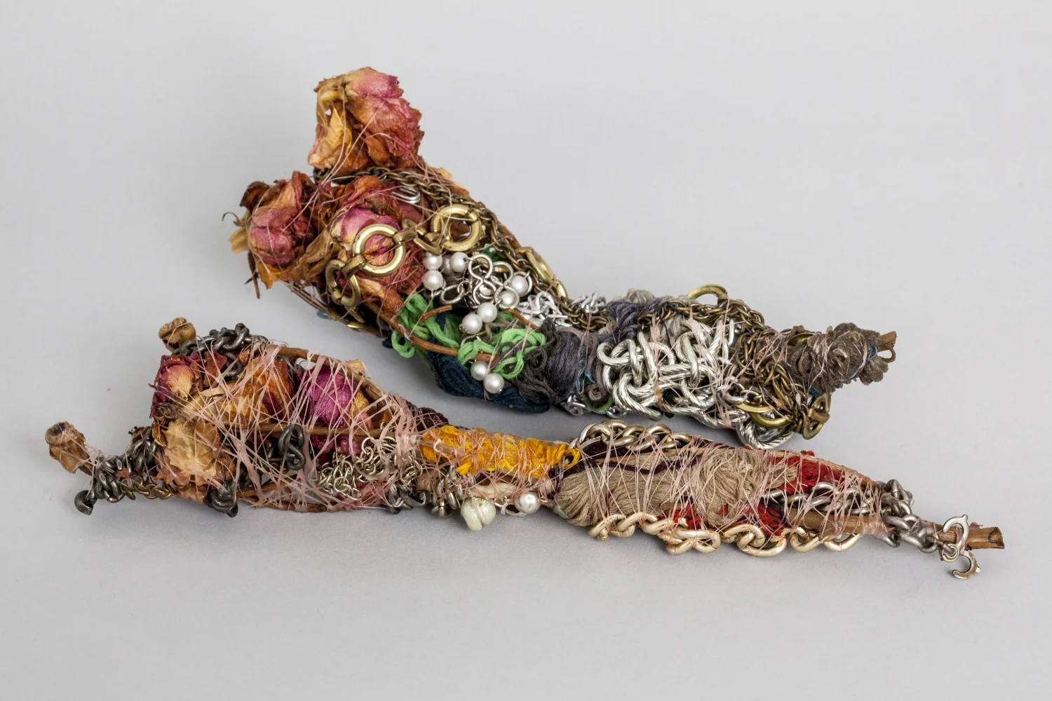 Two Bouquets: Roses with Chains & Embroidery Thread, 2017 Mixed media with encaustic 8 x 3 x 3 inches & 10.5 x 2.5 x 2.5 inches