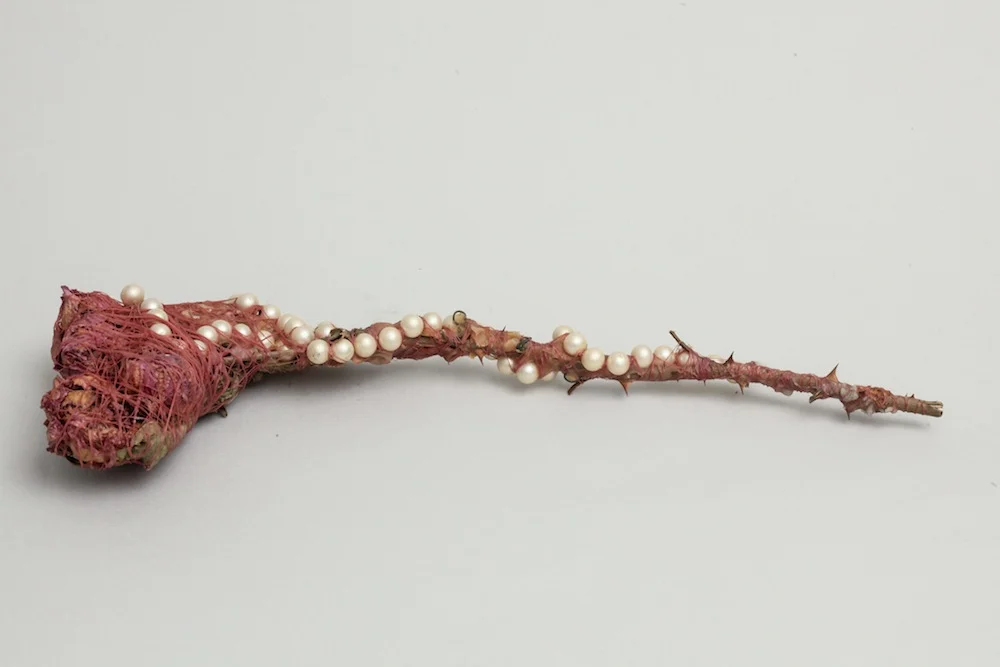 Bouquet with Pearls and Thorns, 2013, mixed media sculpture with encaustic, 2 x 12 x 4.5 inches